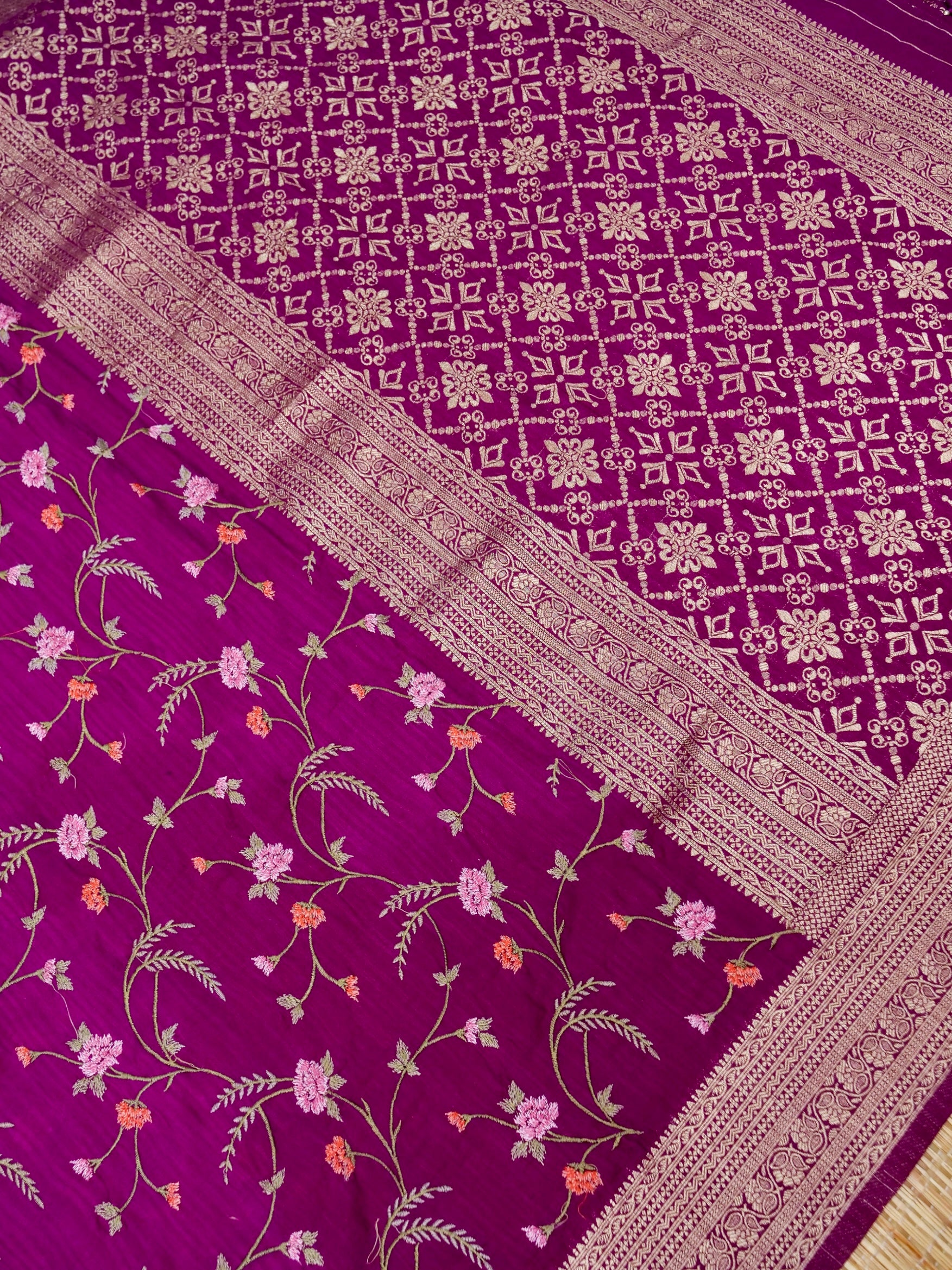 Banarasi Russian silk allover resham embroidery with Kanchi border and rich pallu attached jari buti Blouse