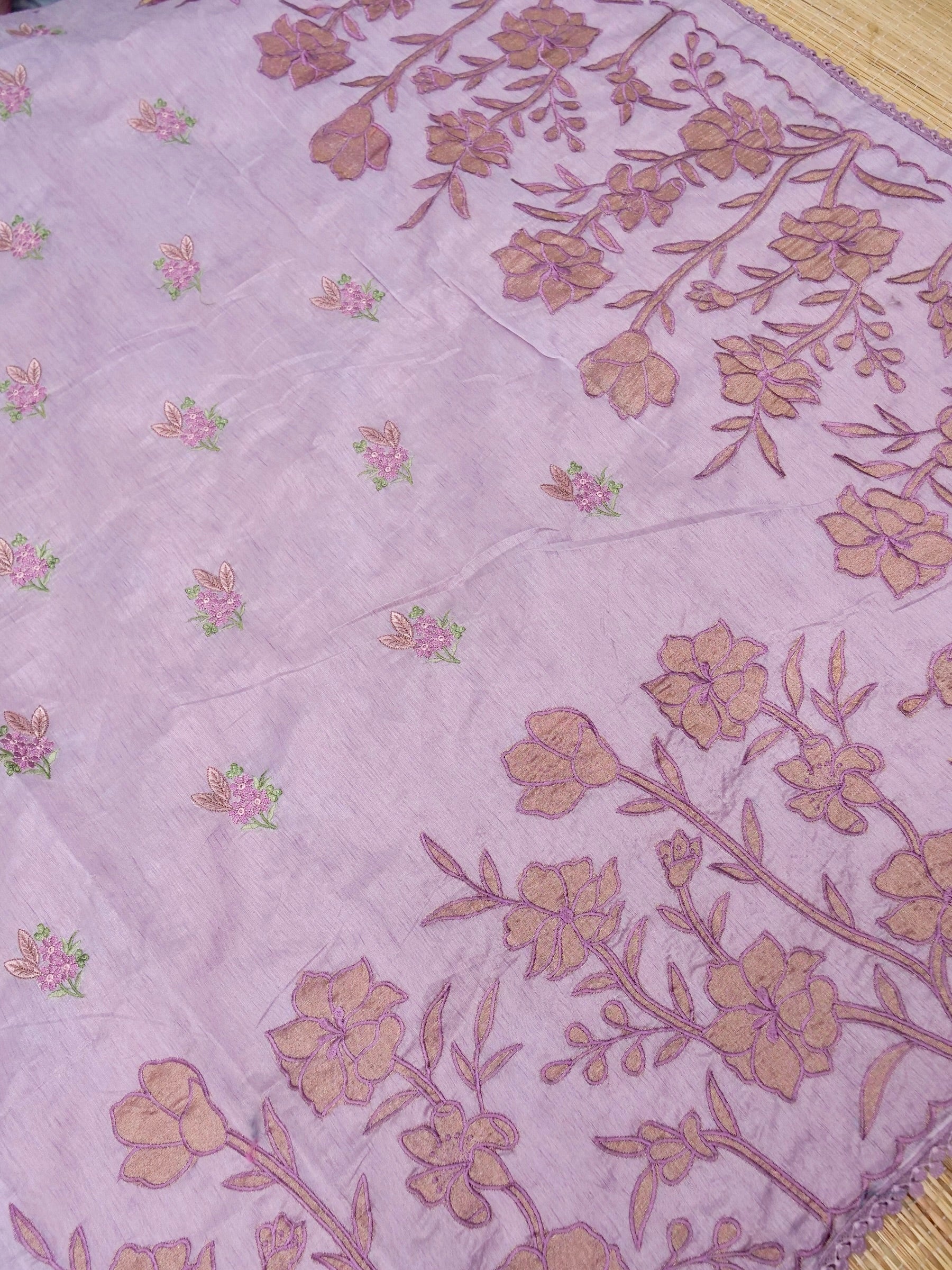 Banarasi cotton silk allover floral computer embroidery with skurt applic border attached jaquard blouse