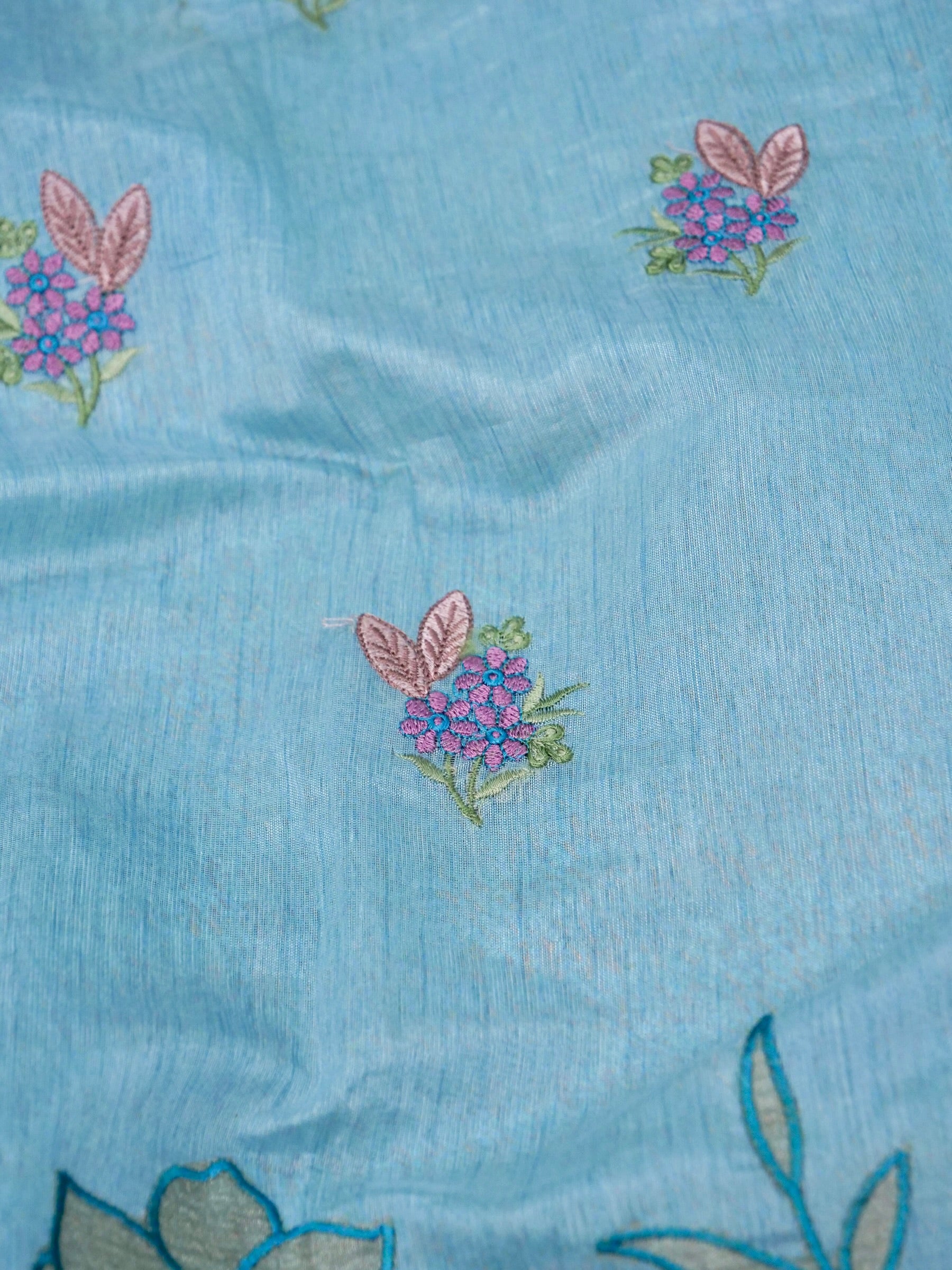 Banarasi cotton silk allover floral computer embroidery with skurt applic border attached jaquard blouse