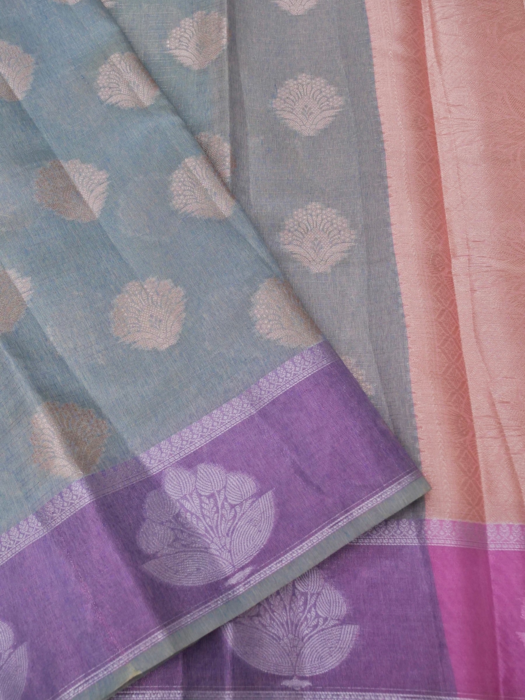 Cotton moti silk zari linning with tissue jari buta border with rich pallu and jacquard Blouse