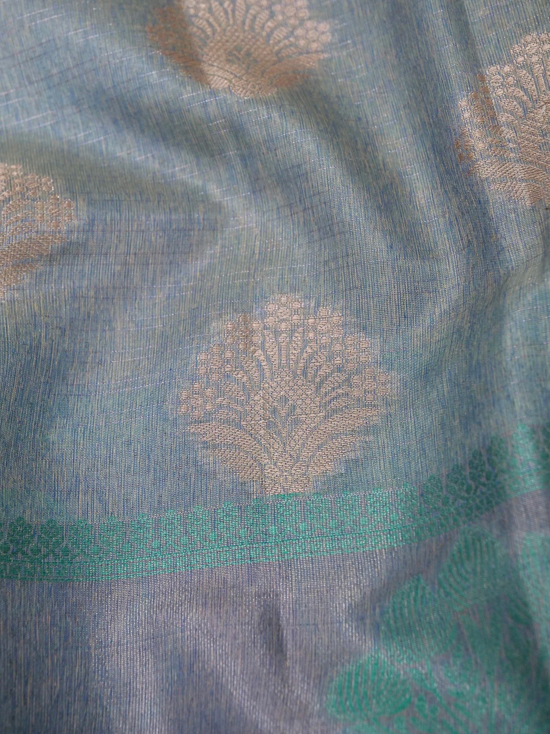 Cotton moti silk zari linning with tissue jari buta border with rich pallu and jacquard Blouse