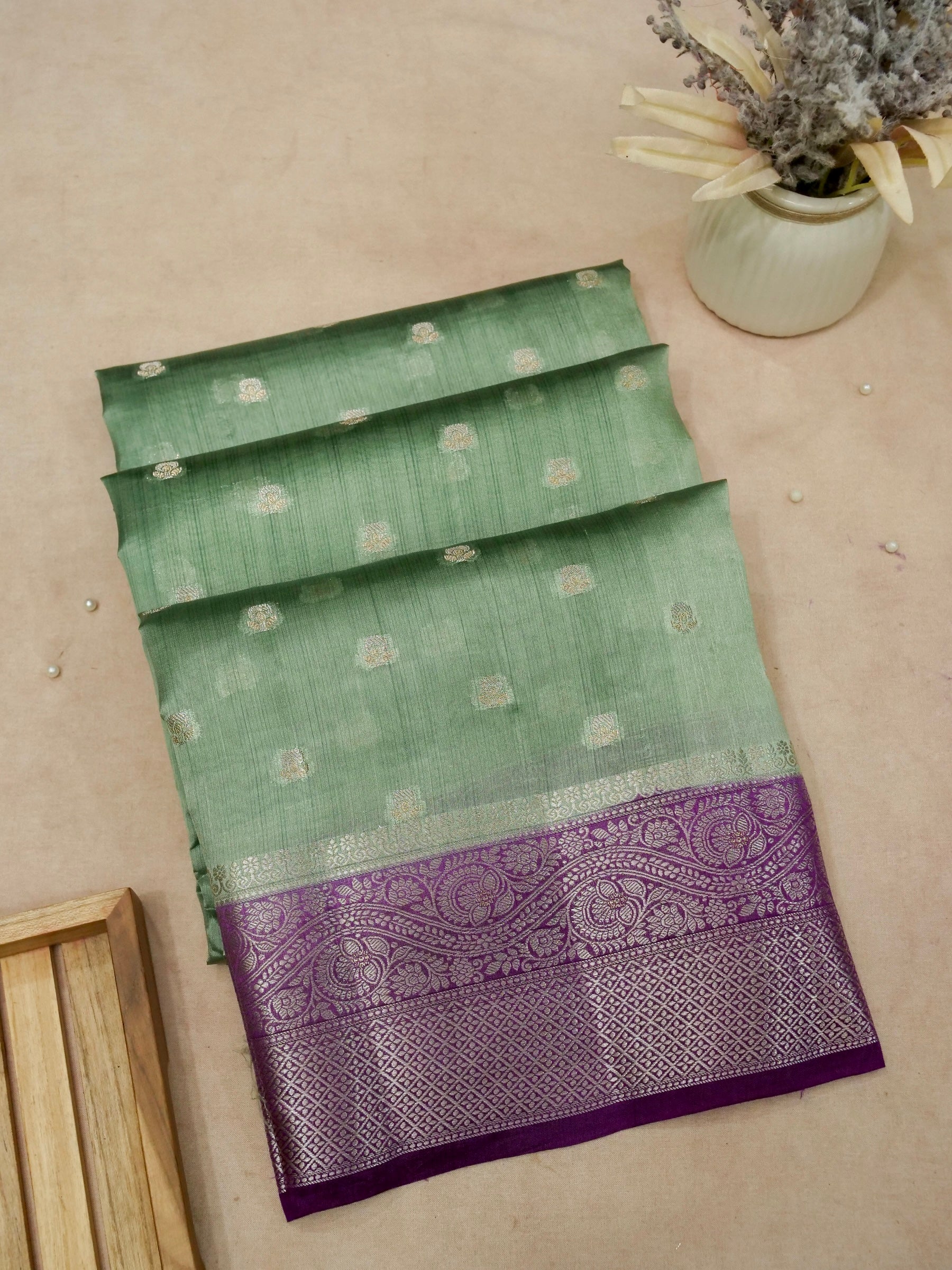 Banarasi Pure Mango Silk Allover Silver Zari Buti with Contrast blouse