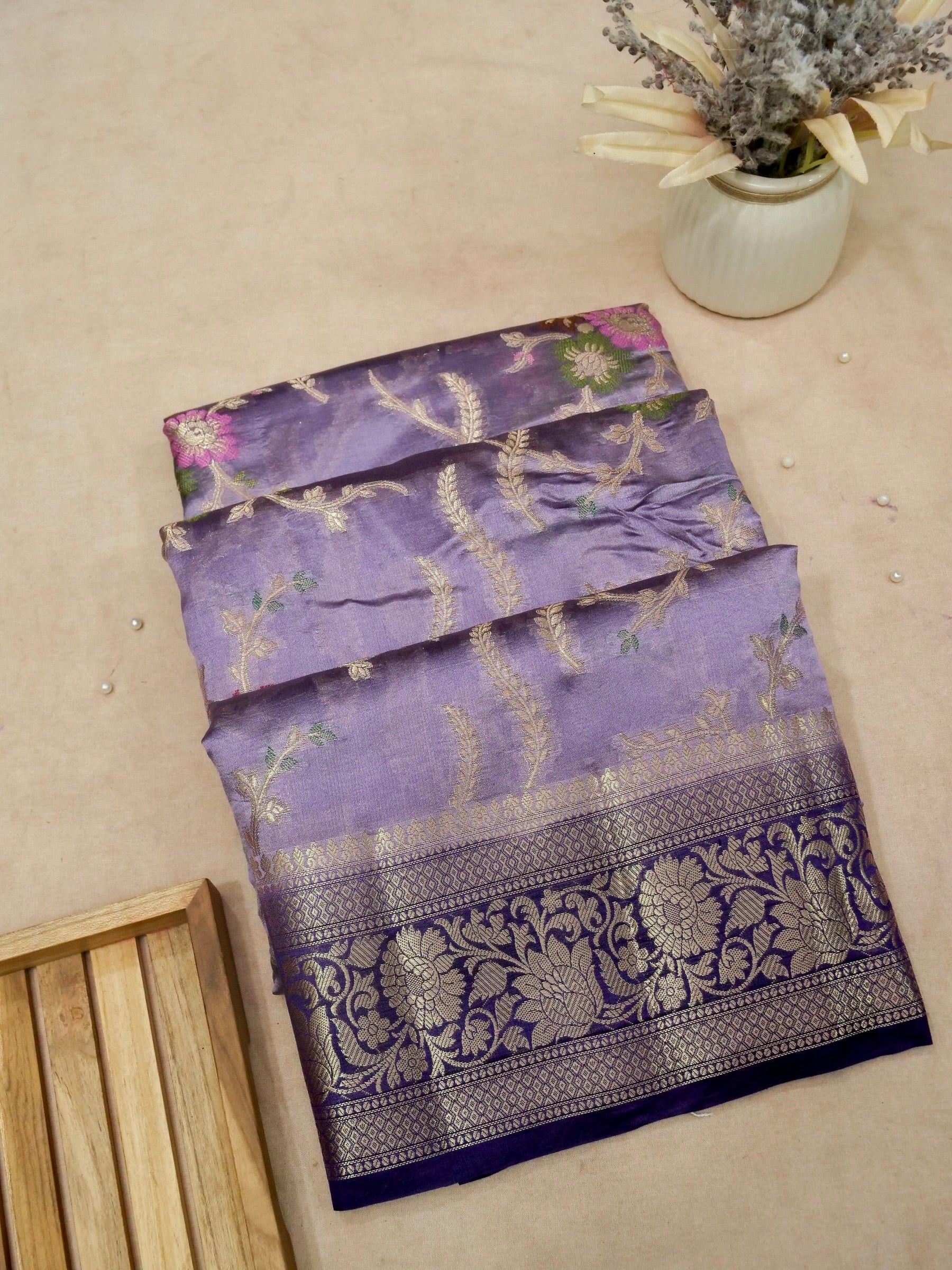 Banarasi Pure Dupion Silk Allover Zari Jaal Design with Resham Meena Attached Contrast Blouse