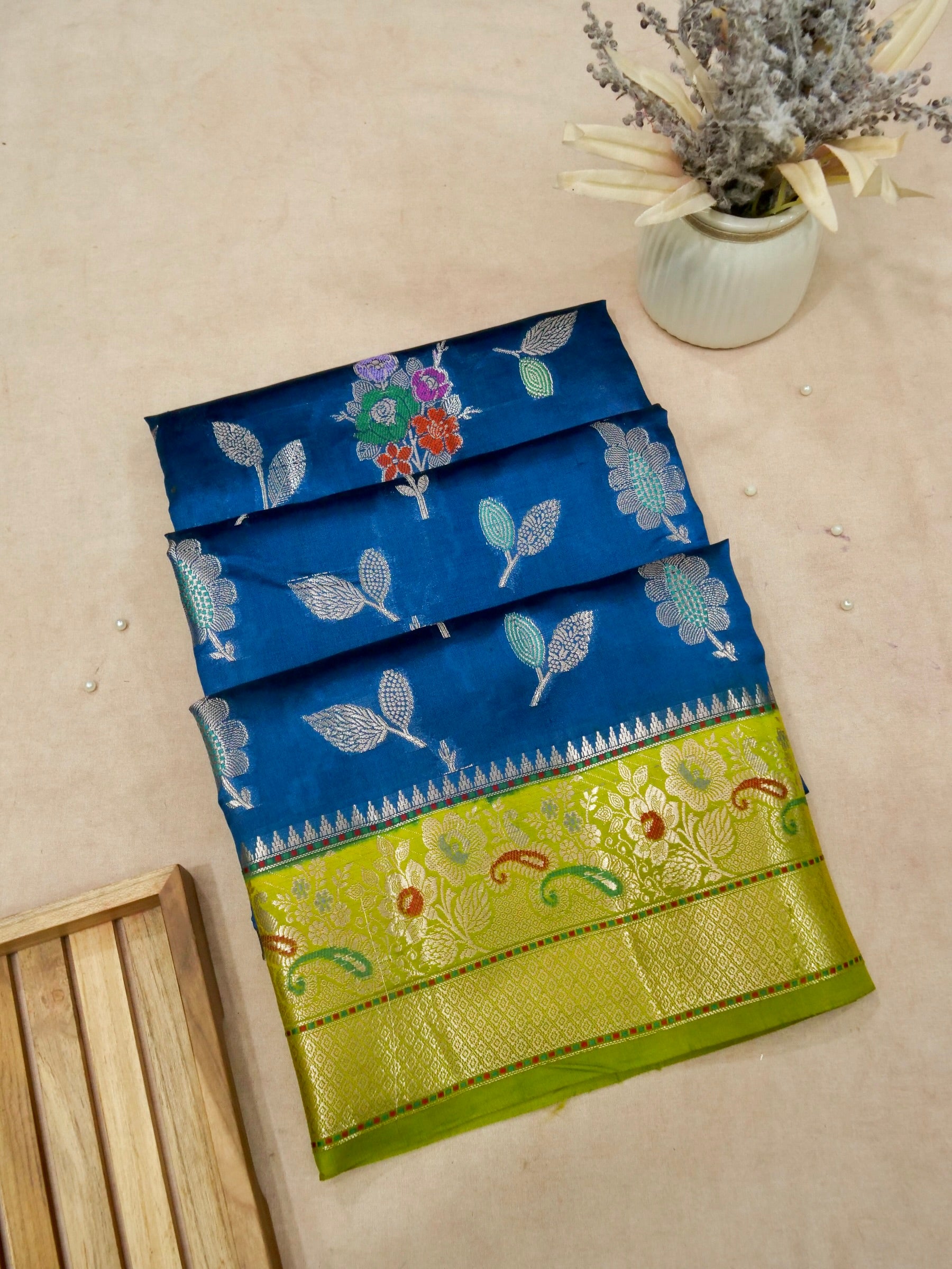 Banarasi Pure Dupion Silk Allover Zari Jaal Design with Resham Meena Royal Blue and Lemone