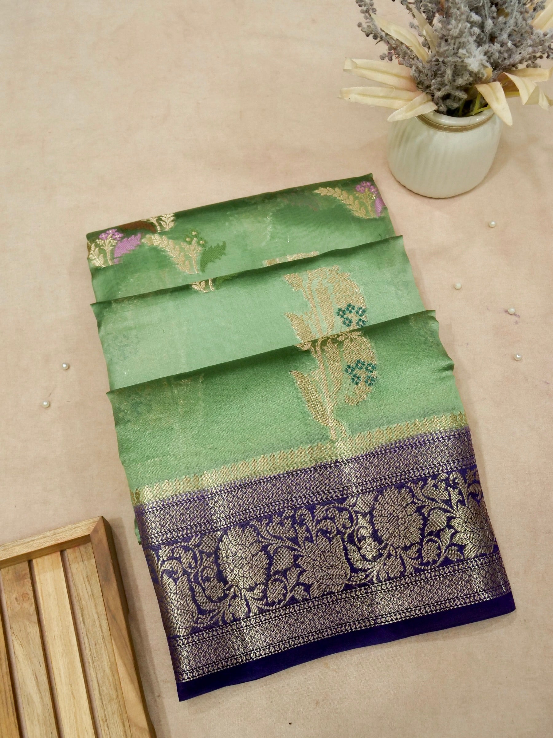 Banarasi Pure Dupion Silk Allover Zari Jaal Design with Resham Meena Pista Colour