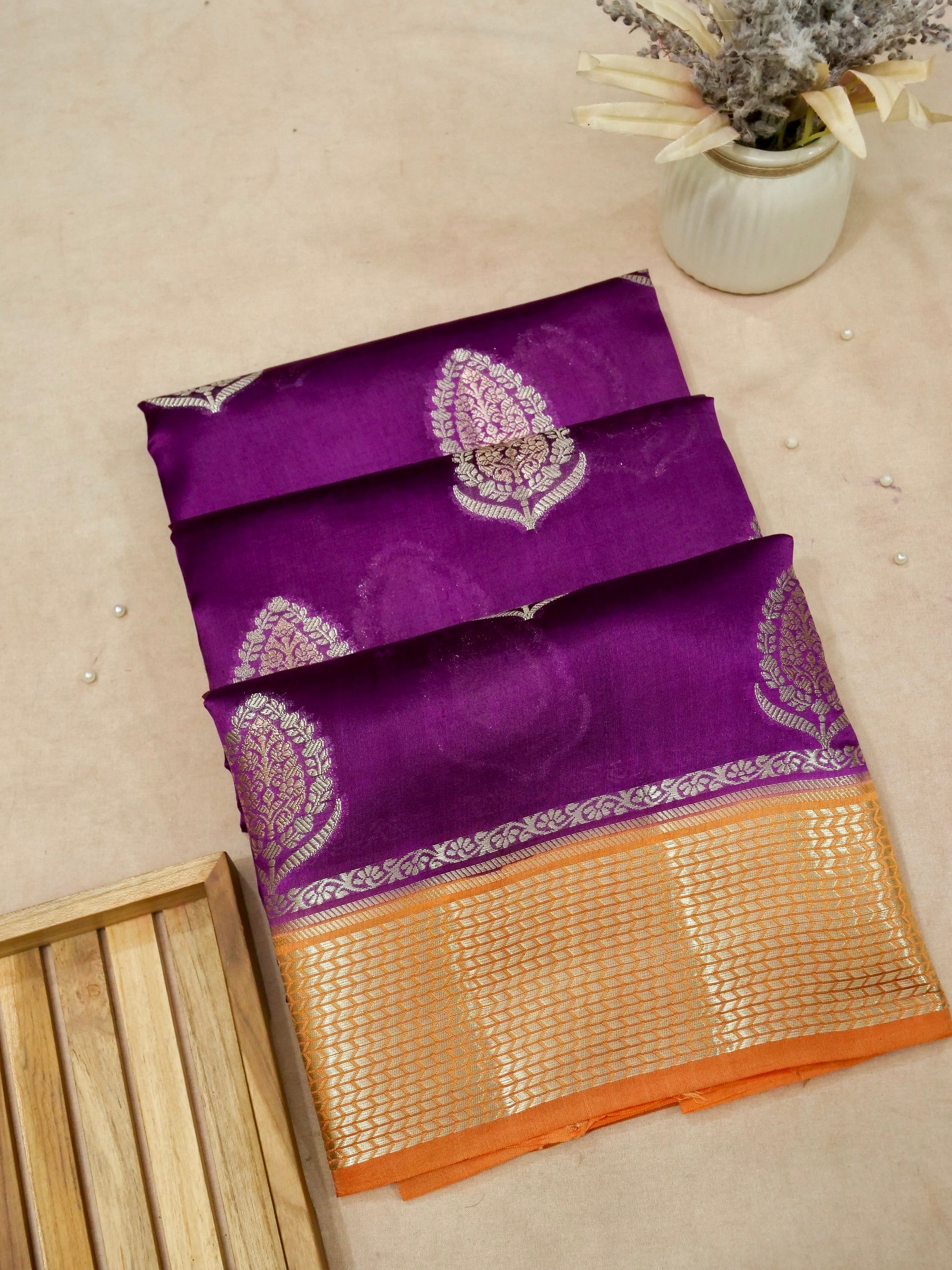 Banarasi Pure Mango Silk Allover Zari Buti with Contrast Blouse