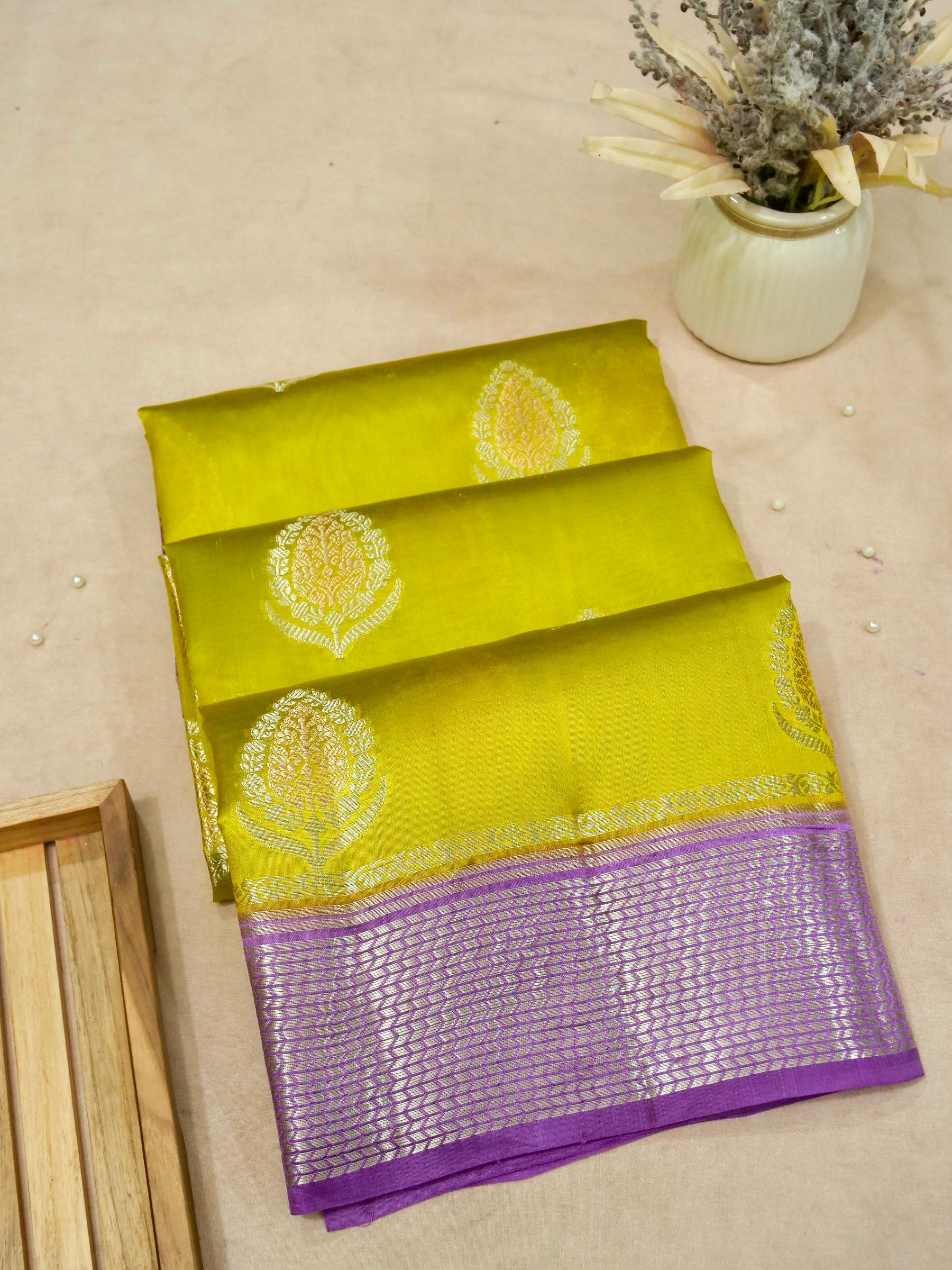 Banarasi Pure Mango Silk Allover Sona Rupa Zari Buti with Contrast Blouse and Patta
