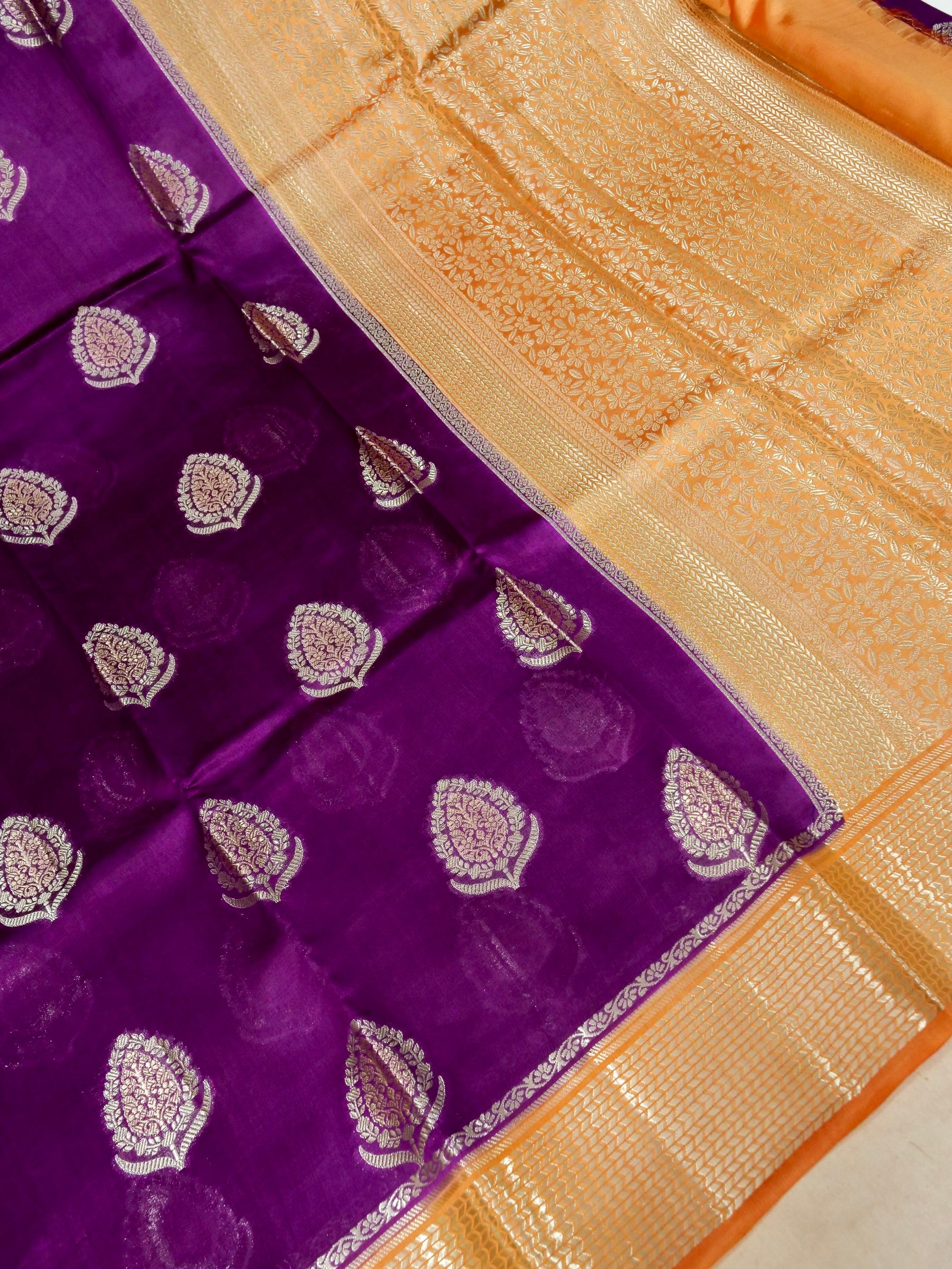 Banarasi Pure Mango Silk Allover Zari Buti with Contrast Blouse