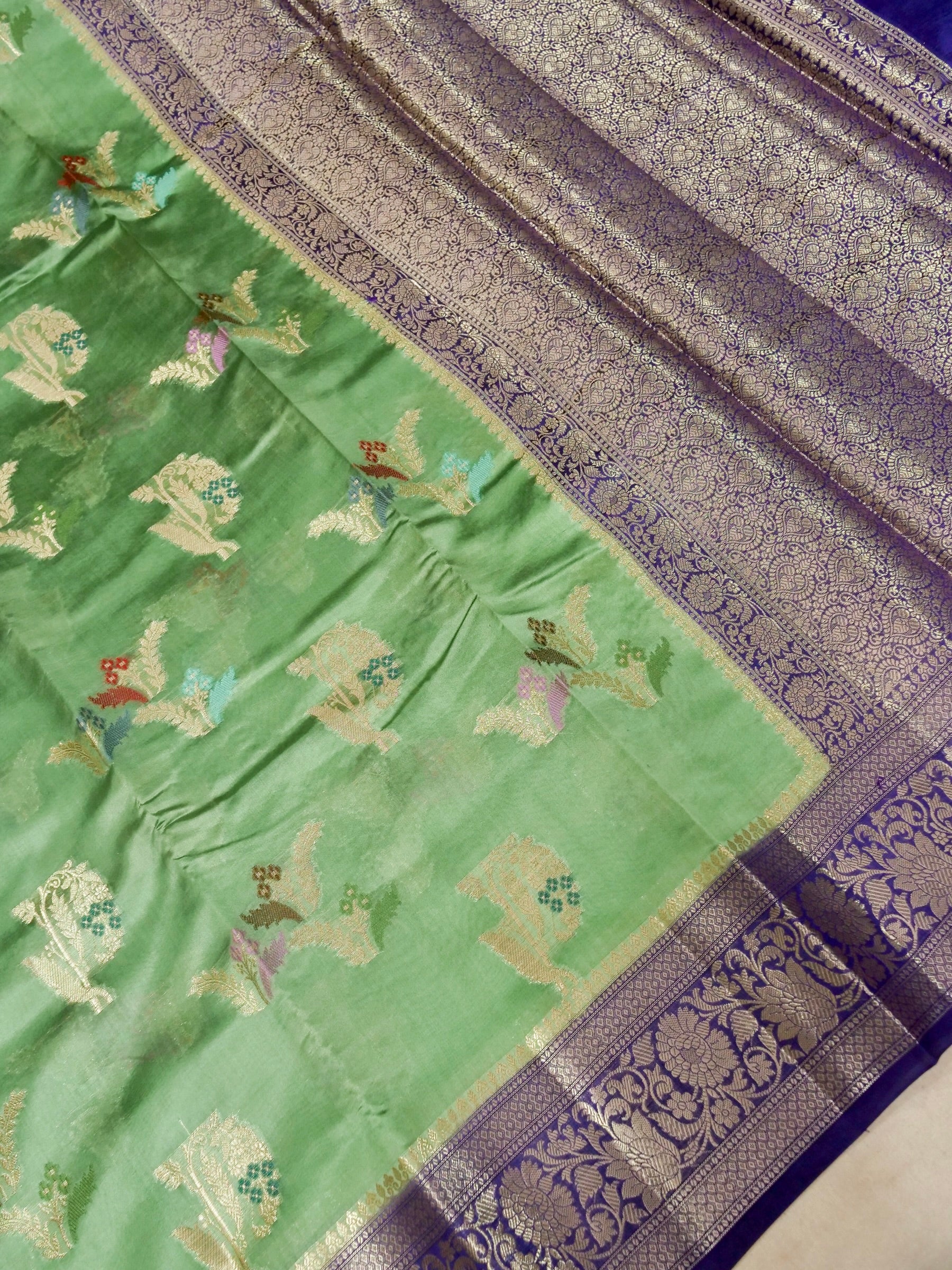Banarasi Pure Dupion Silk Allover Zari Jaal Design with Resham Meena Pista Colour