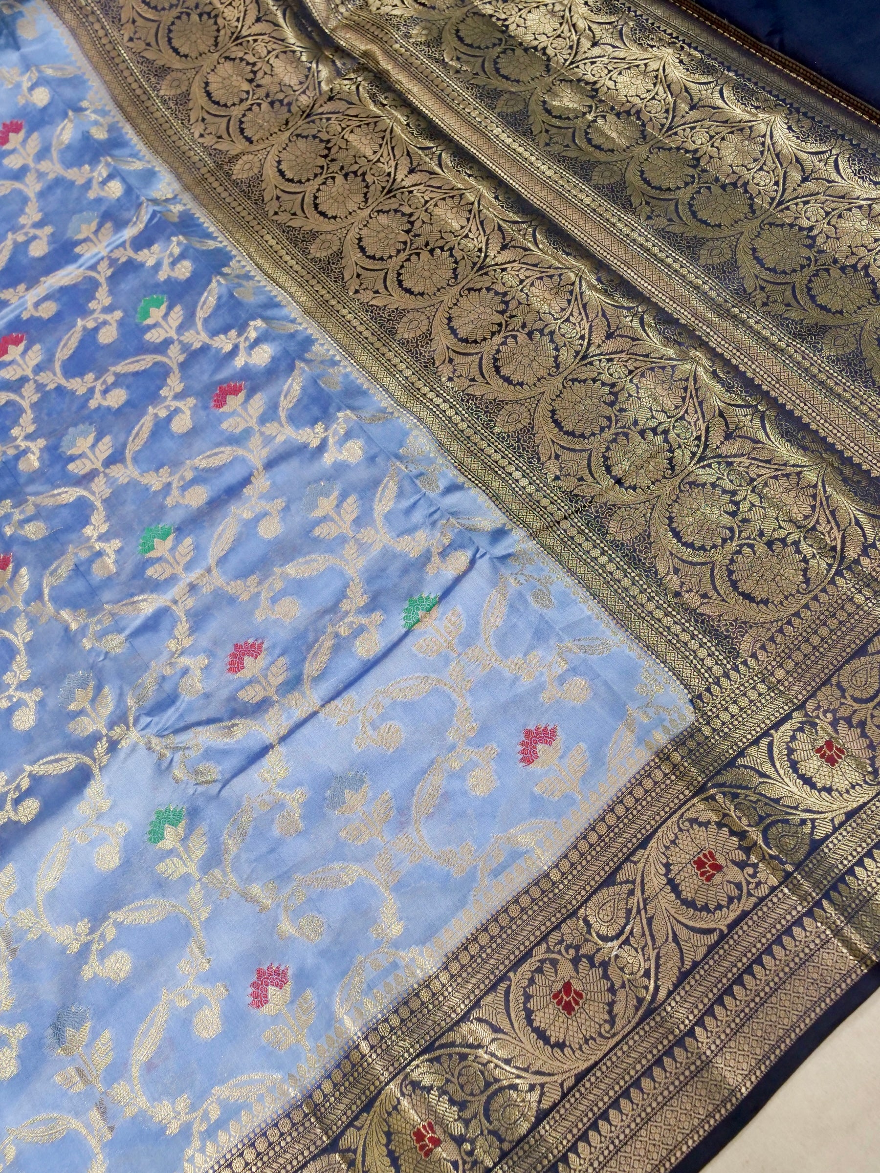 Banarasi Pure Dupion Silk Allover Zari Jaal Design with Resham Meena Sky Blue Colour