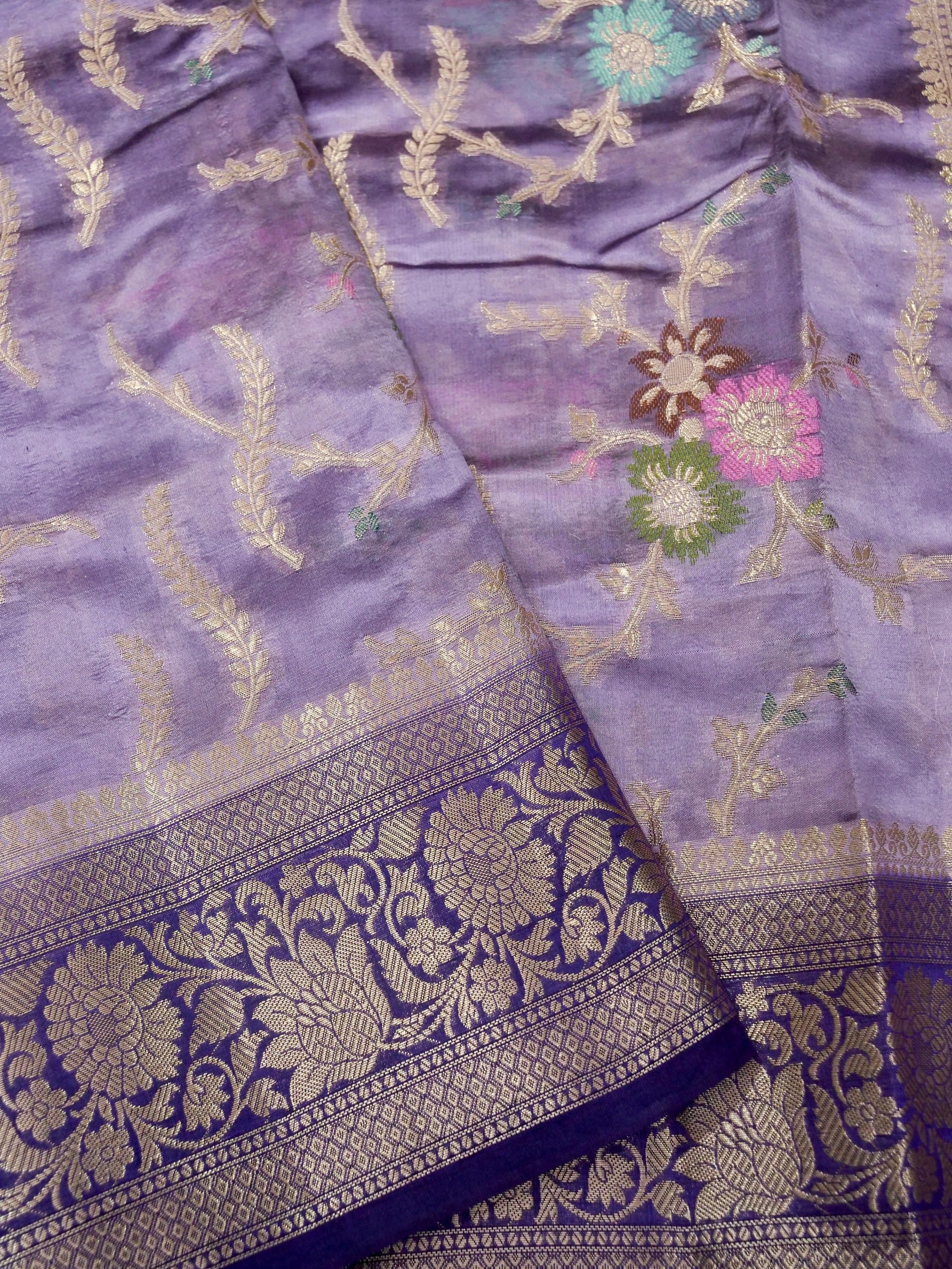 Banarasi Pure Dupion Silk Allover Zari Jaal Design with Resham Meena Attached Contrast Blouse