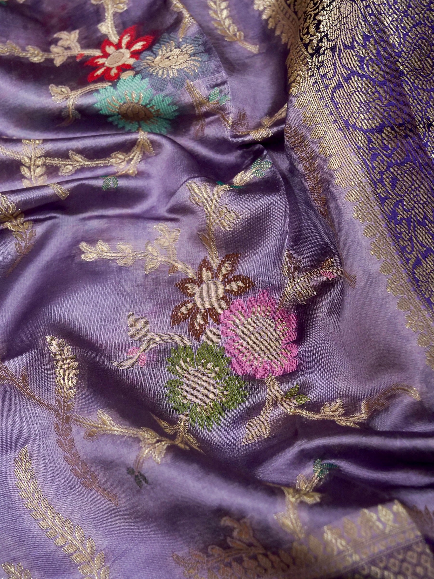 Banarasi Pure Dupion Silk Allover Zari Jaal Design with Resham Meena Attached Contrast Blouse