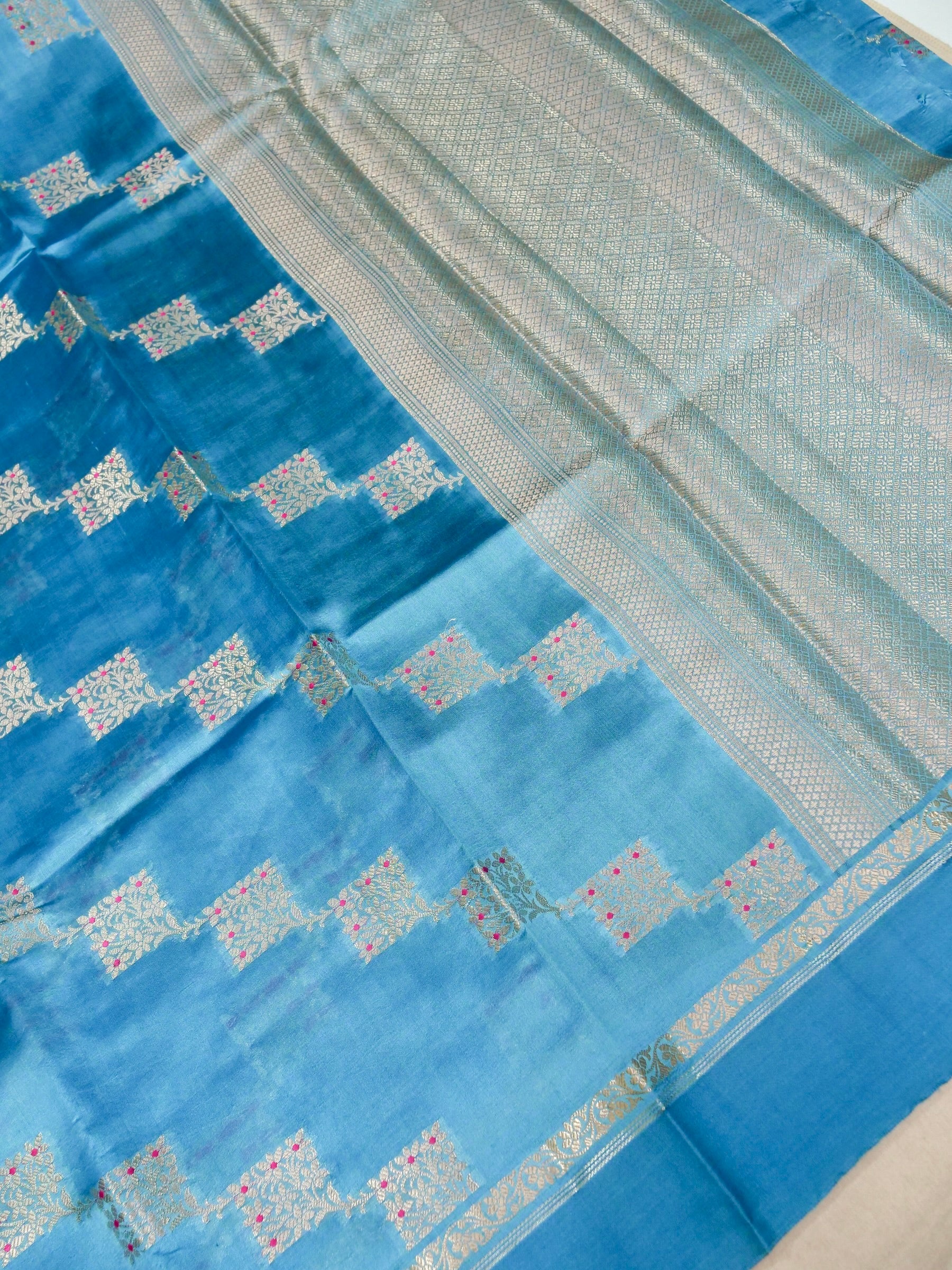 Banarasi Pure Mango Silk Self Dye Allover Resham Meena Attached Contrast Blouse