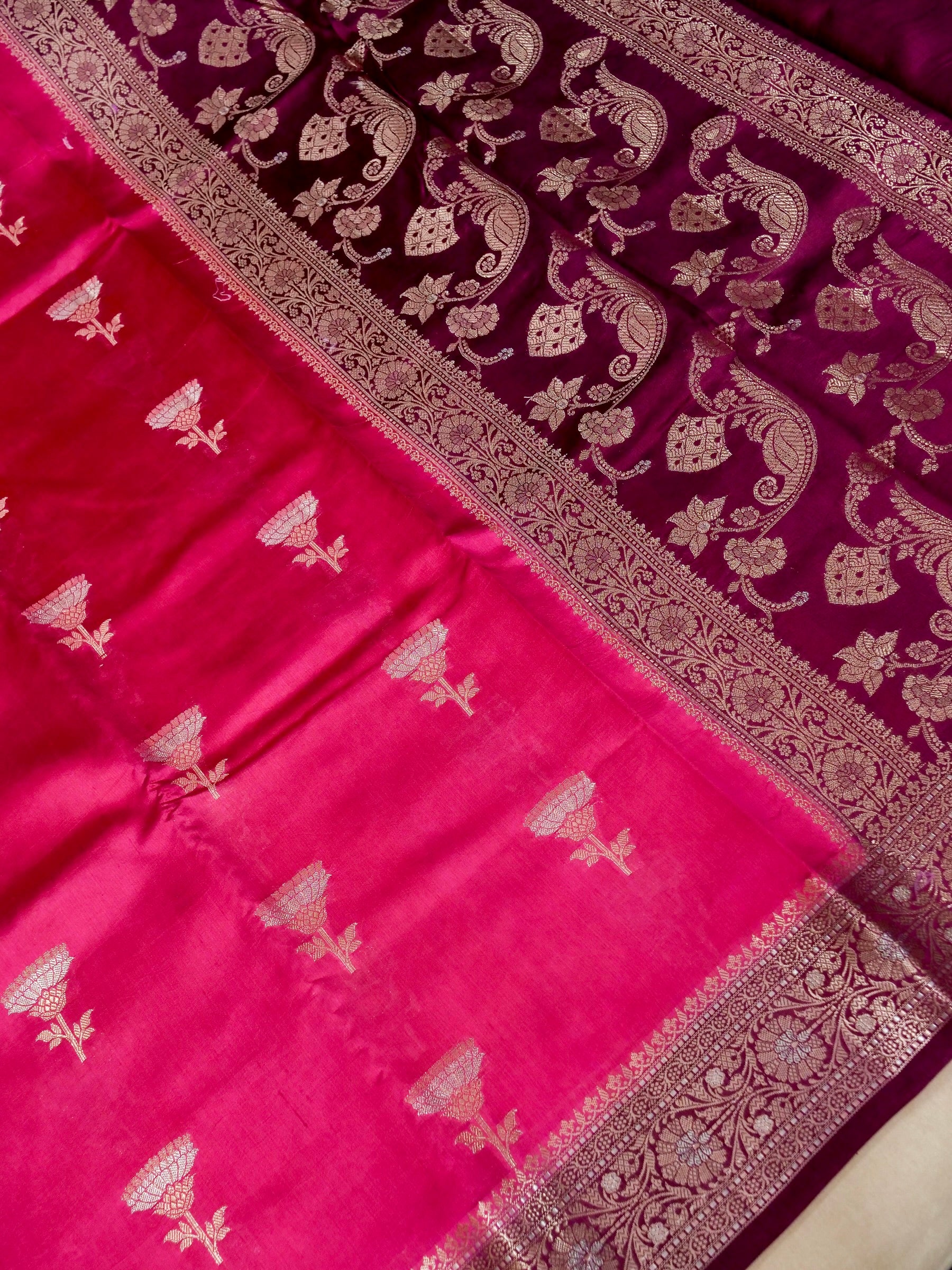 Banarasi Pure Mango Silk Allover Sona Rupa Floral Zari Buti with Contrast Dye