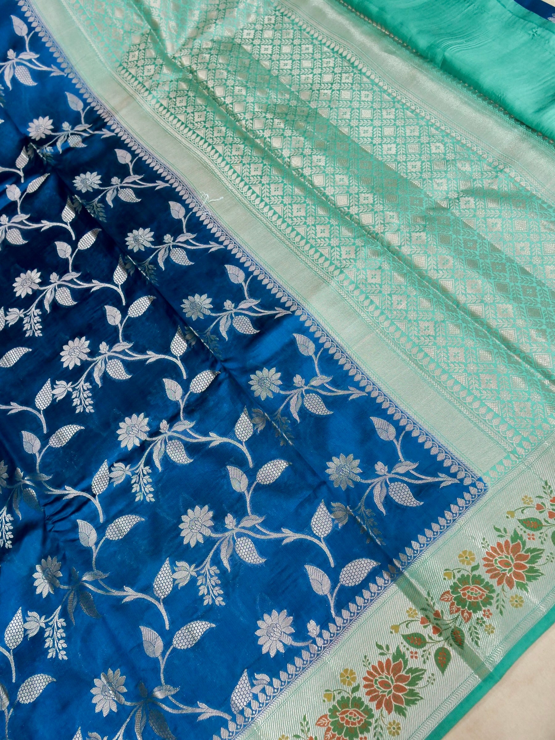 Banarasi Pure Mango Silk Allover Silver Zari Jaal with Contrast Blouse