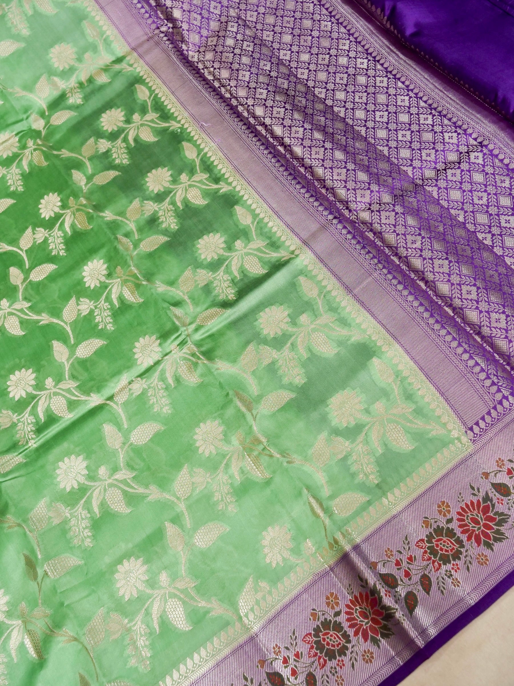 Banarasi Pure Mango Silk Allover Silver Zari Jaal with Contrast blouse