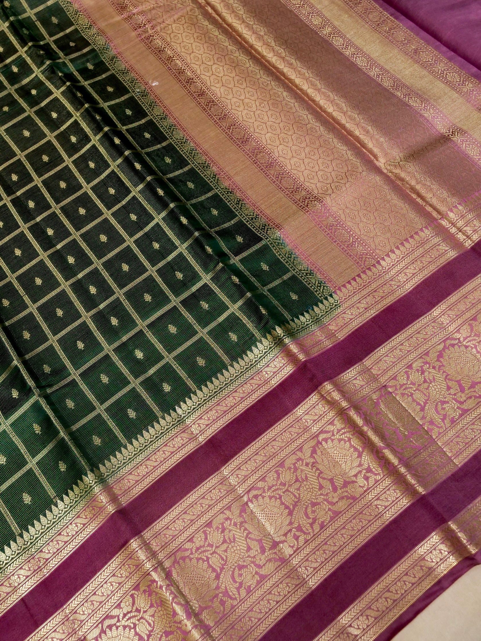 Banarasi Pure Mango Silk Contrast Dye with Zari Chek Design and Zari Dot Allover