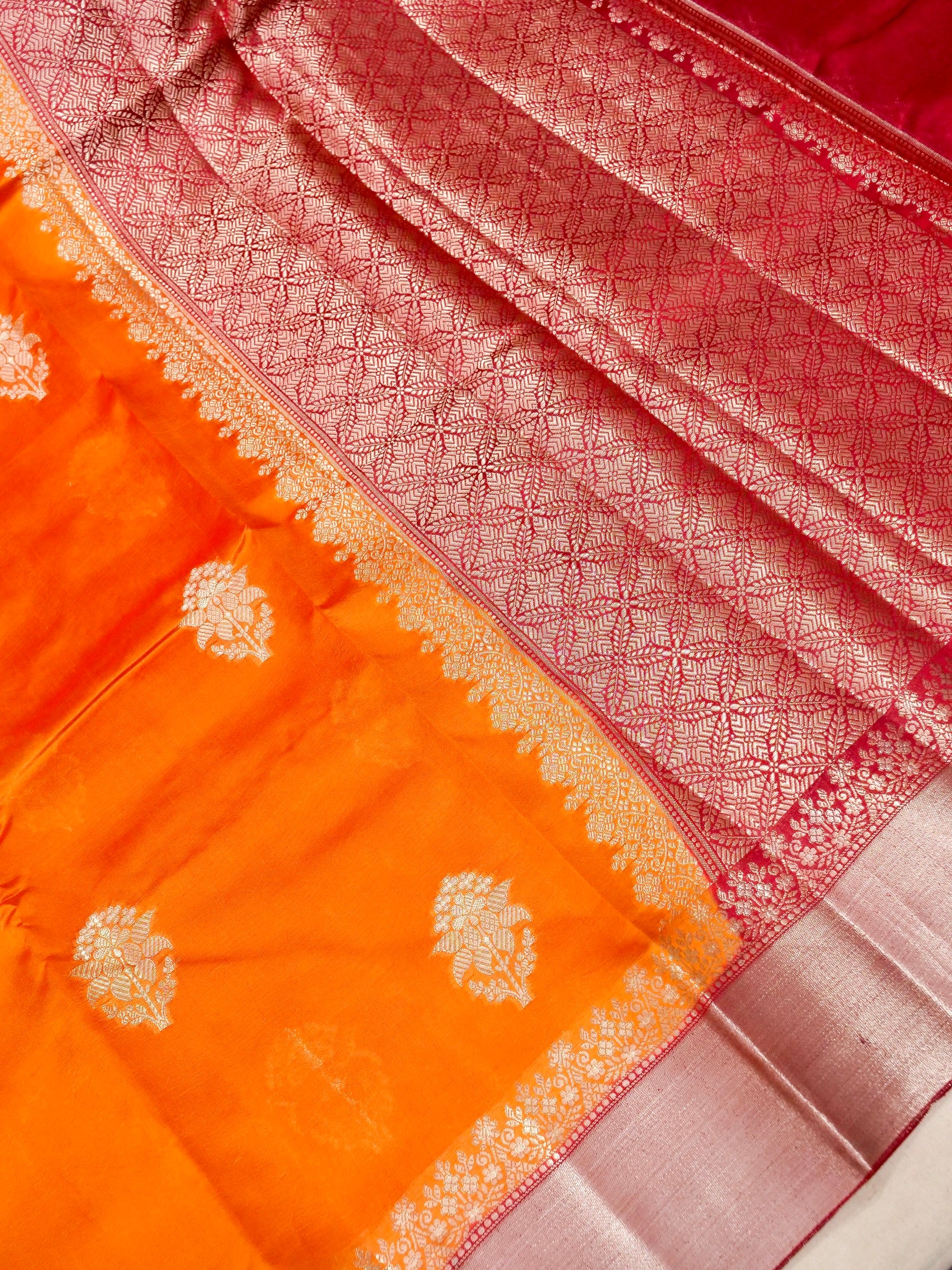 Banarasi Mango Silk Saree Allover Sona Rupa Zari Buti with Contrast Blouse