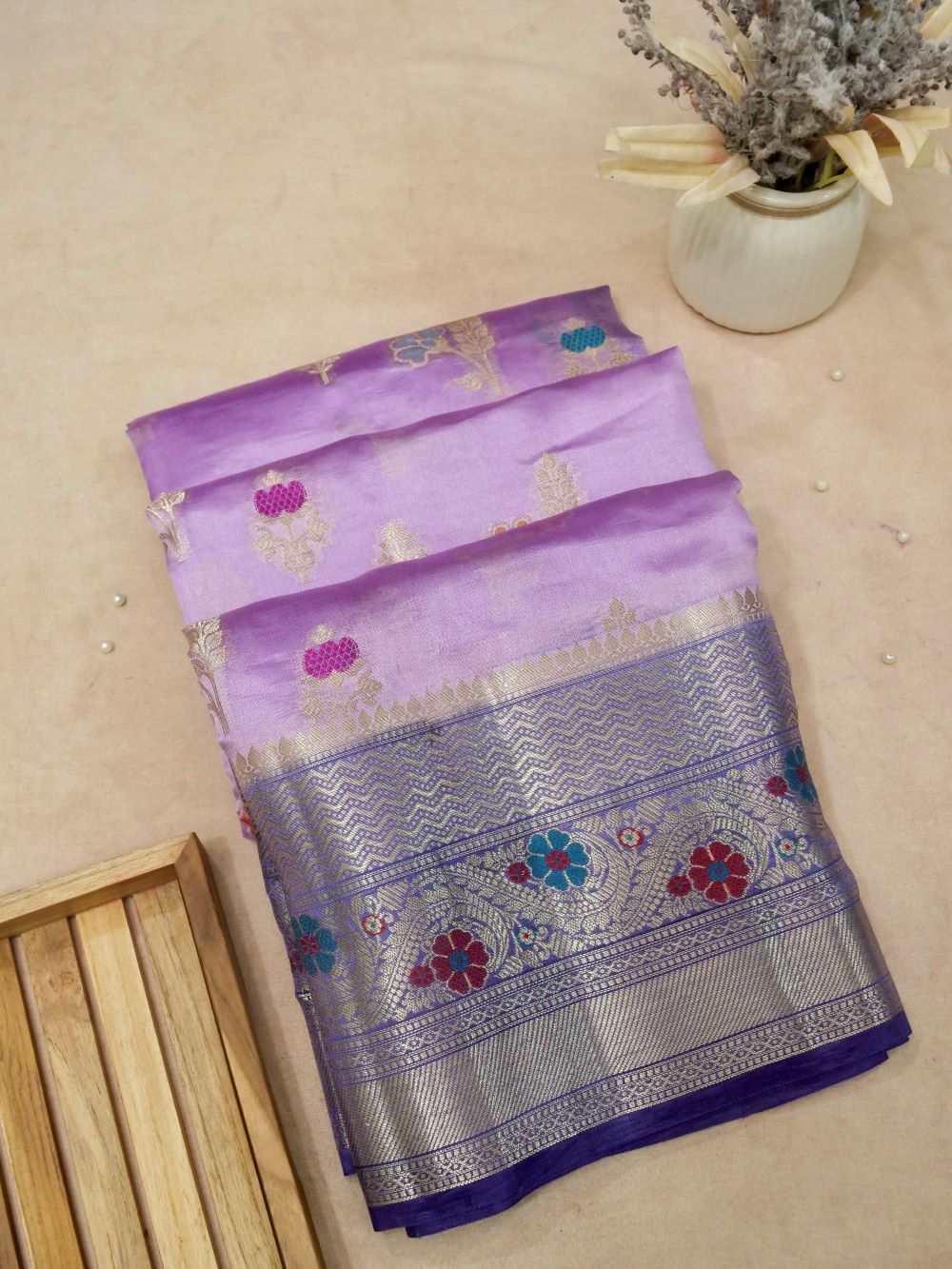 Banarasi Pure Dupion Silk Allover Zari and Resham Meena Jaal Design  Contrast Blouse