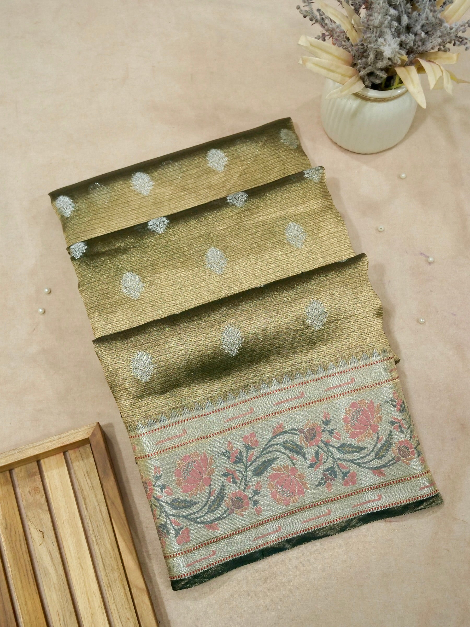 Banarasi Pure Tissue Silk Reshami Zari  Silver Buti  with Meena Border and Pallu