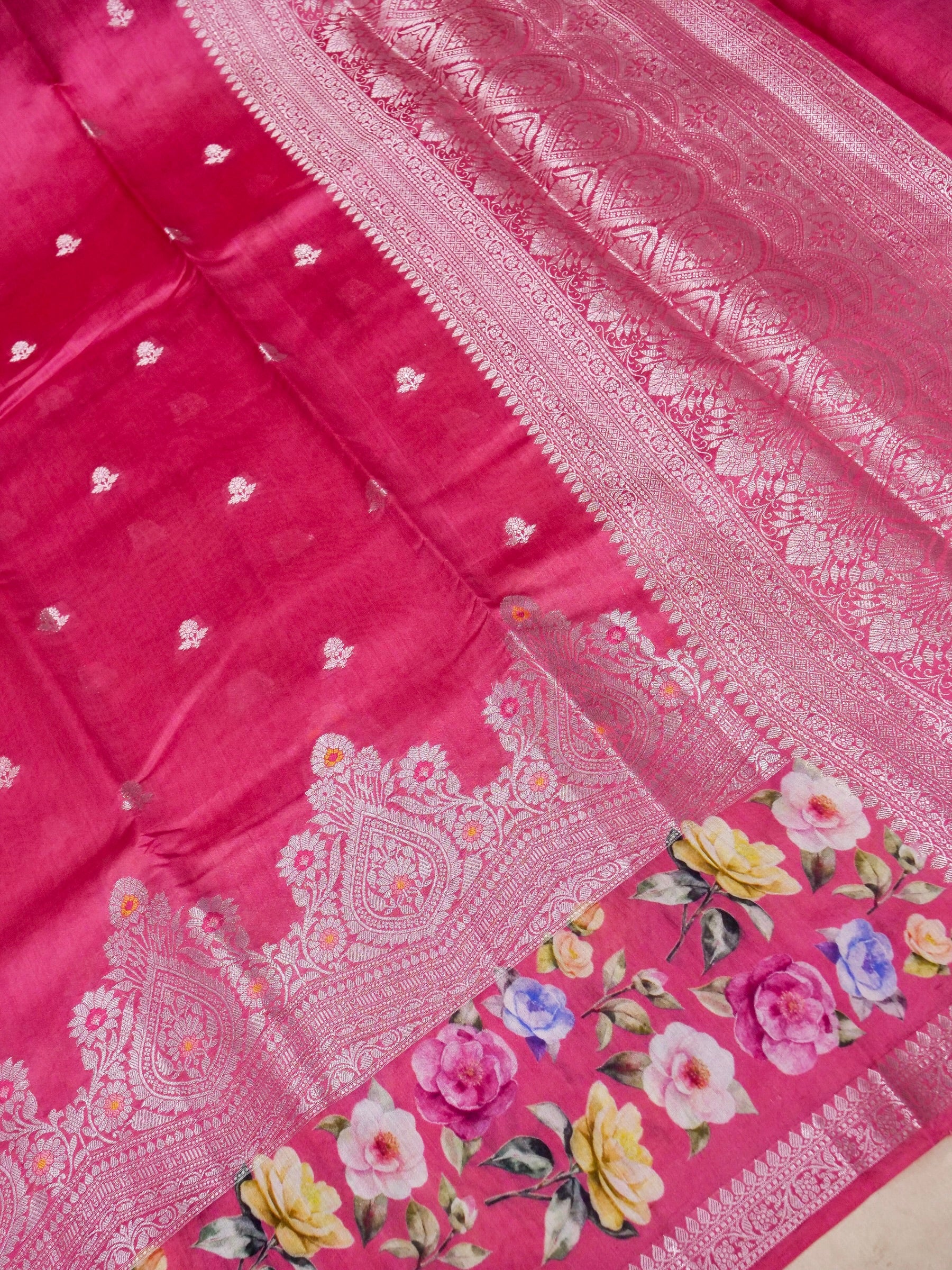 Banarasi Pure Chiniya Silk Allover Zari Buti with Rubber Print  in Border with Printed Blouse