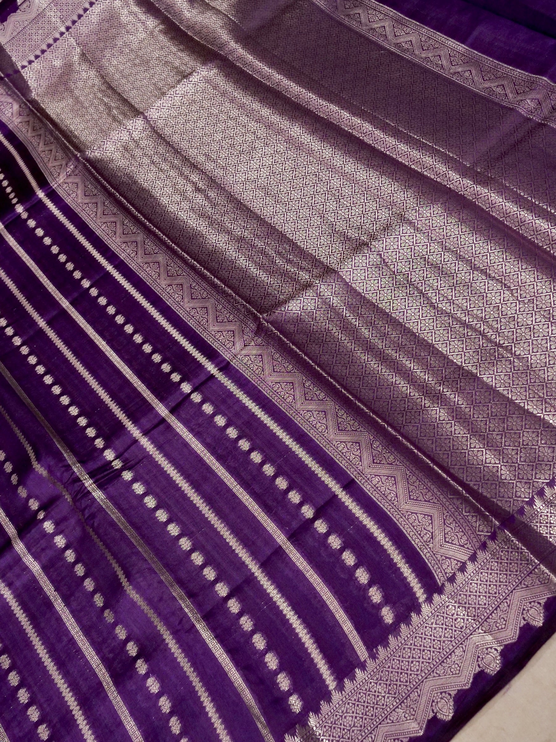 Banarasi Pure Chiniya Silk Sarees Allover Zari Buti Stripe Self Dye with Contrast Blouse