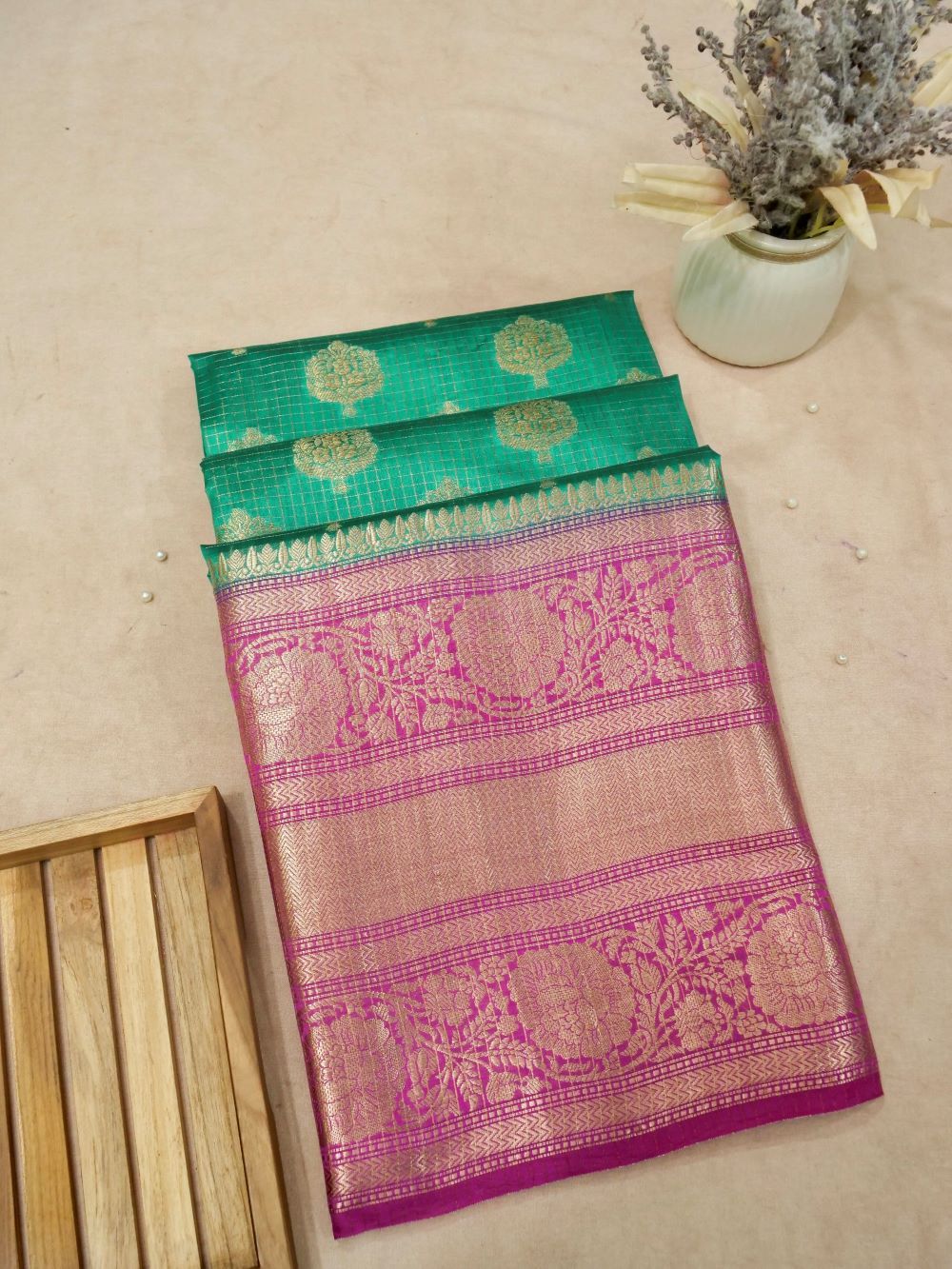 Banaarsi Pure Chiniya Silk Eeshmi Zari Check Design with Zari Buti and Contrast Blouse