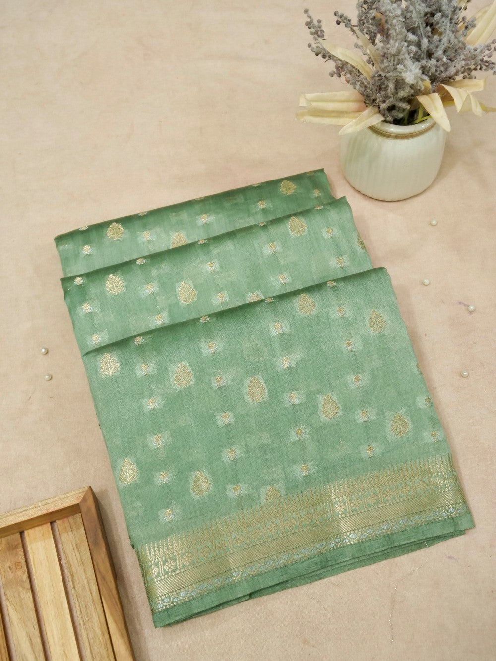 Banarasi Chiniya Silk Allover Zari Buti with Small Border Saree