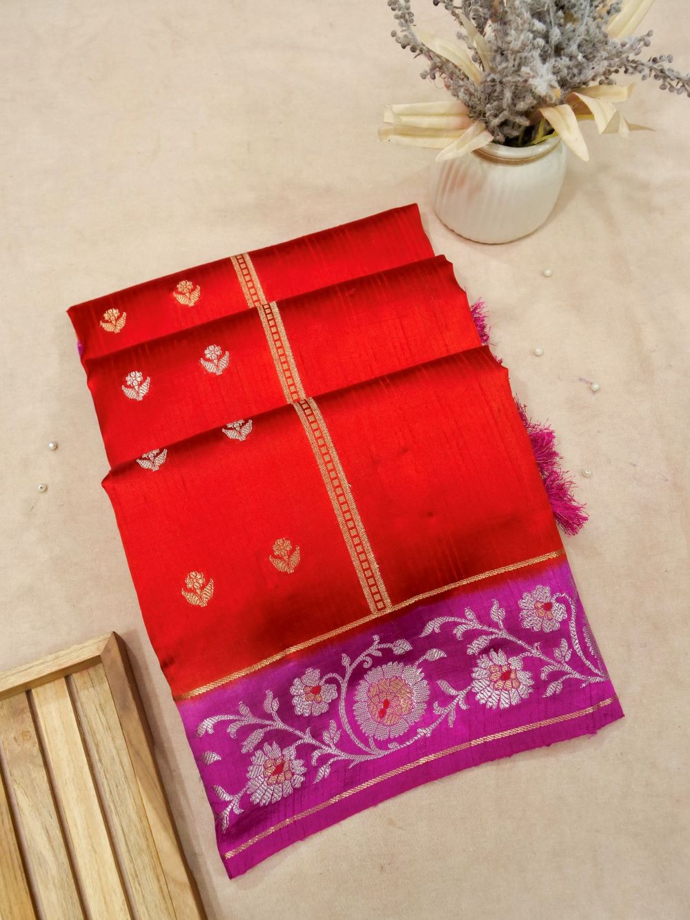 Banarasi Mulbar Silk Saree Allover Zari Strip and Buti with Meena Border