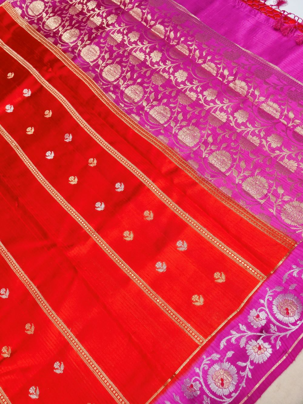 Banarasi Mulbar Silk Saree Allover Zari Strip and Buti with Meena Border
