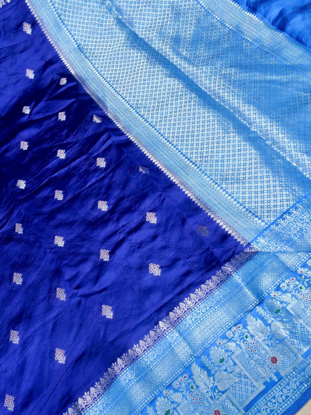 Banarasi Pure Mango Silk Allover Zari Buti with Resham Meena Attached Contrast Blouse