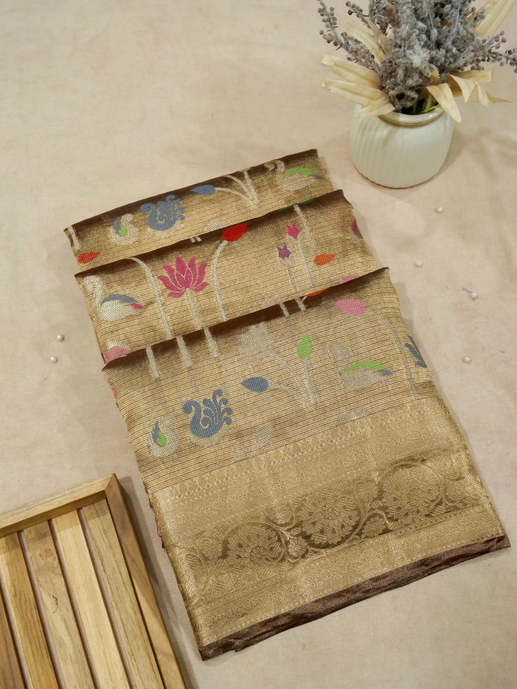 Banarasi Pure Tissue Silk with Resham Meena Attached Blouse