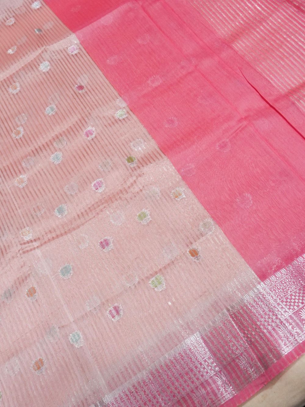 Banarasi Pure Organza Silk with Tissue Stripe Zari Buti and Hand Brushing