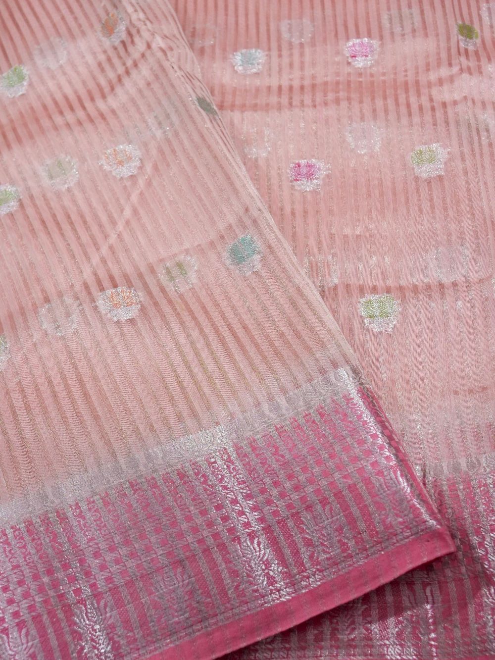 Banarasi Pure Organza Silk with Tissue Stripe Zari Buti and Hand Brushing