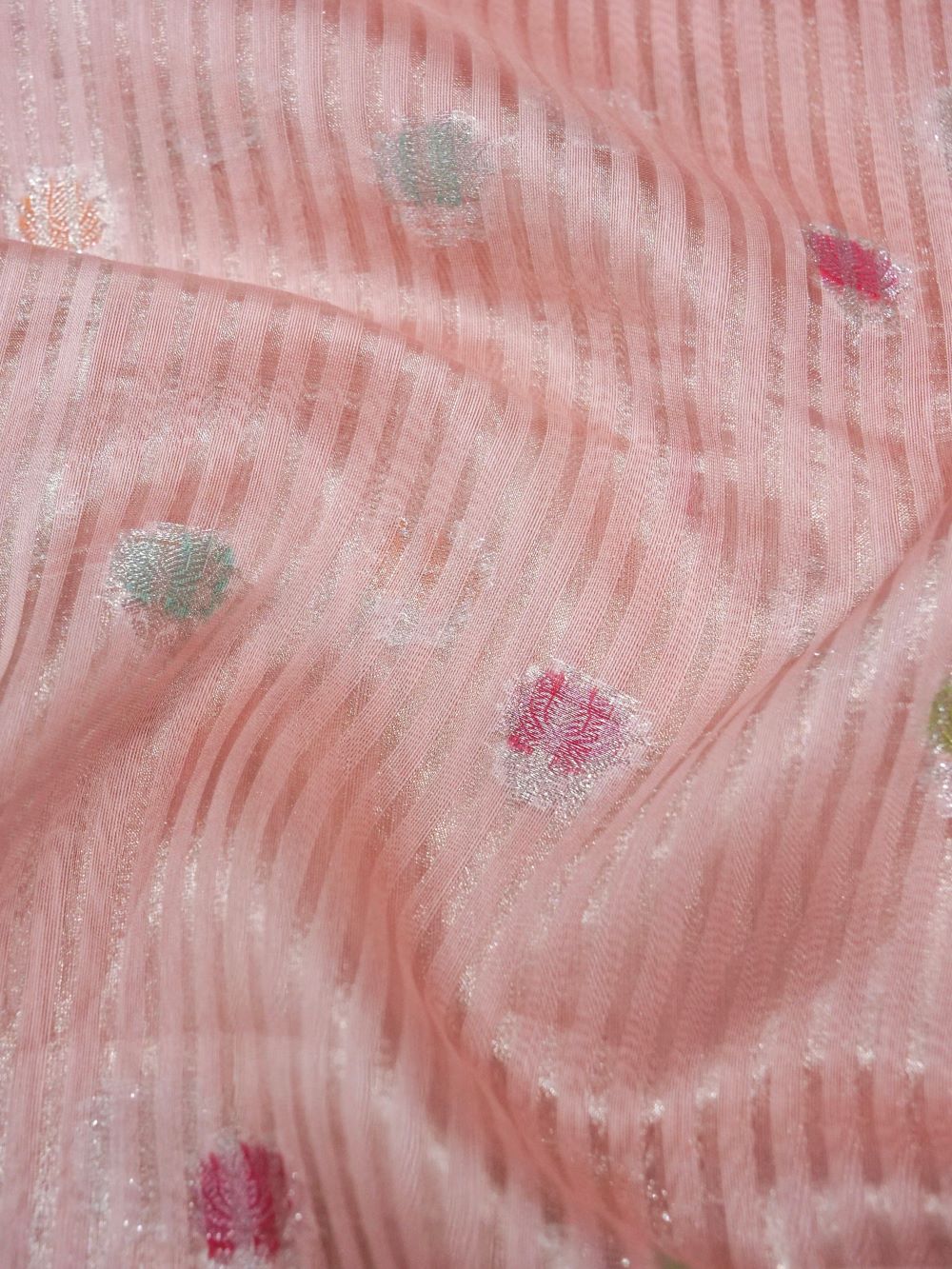 Banarasi Pure Organza Silk with Tissue Stripe Zari Buti and Hand Brushing