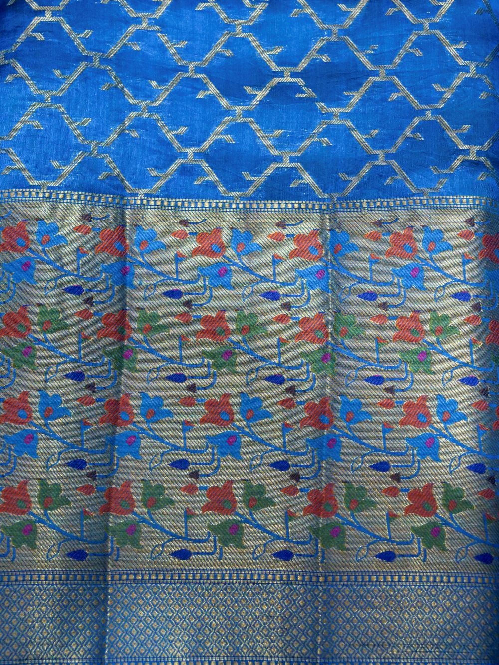 Banarasi Pure Dupion Silk Allover Zari Buti Design with Paithni Border Contrast Blouse