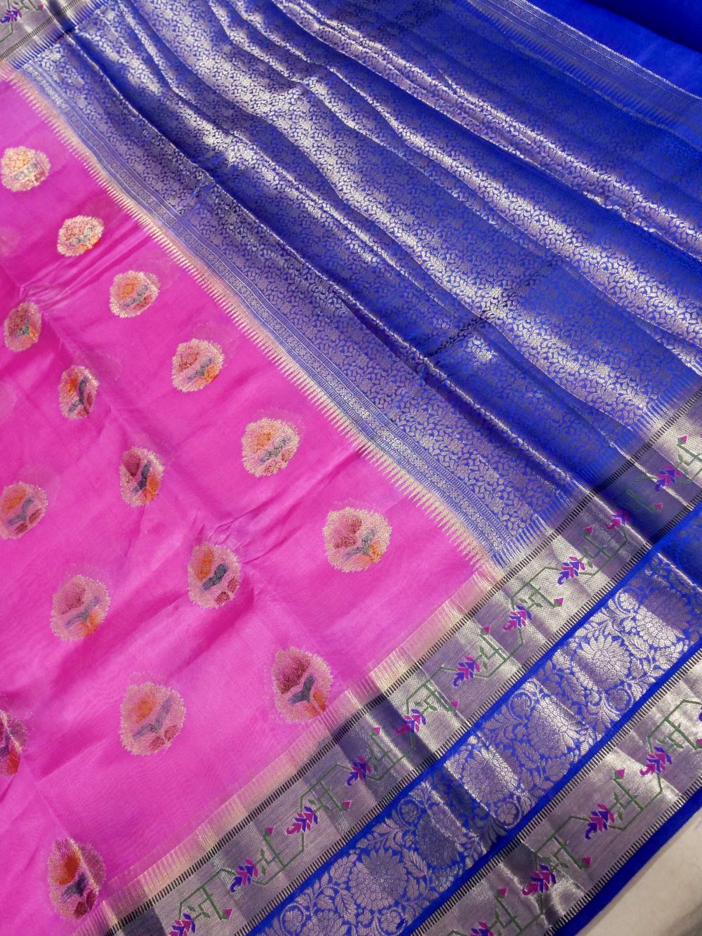 Banarasi Pure Dupion Silk Allover Zari Buti Design with Hand Brushing  Contrast Blouse