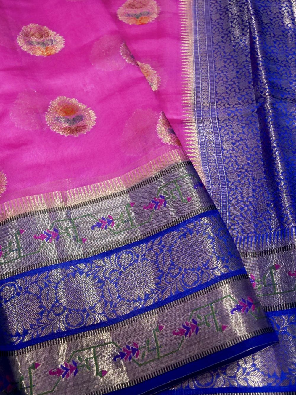 Banarasi Pure Dupion Silk Allover Zari Buti Design with Hand Brushing  Contrast Blouse