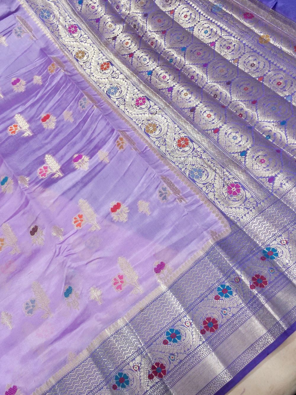 Banarasi Pure Dupion Silk Allover Zari and Resham Meena Jaal Design  Contrast Blouse