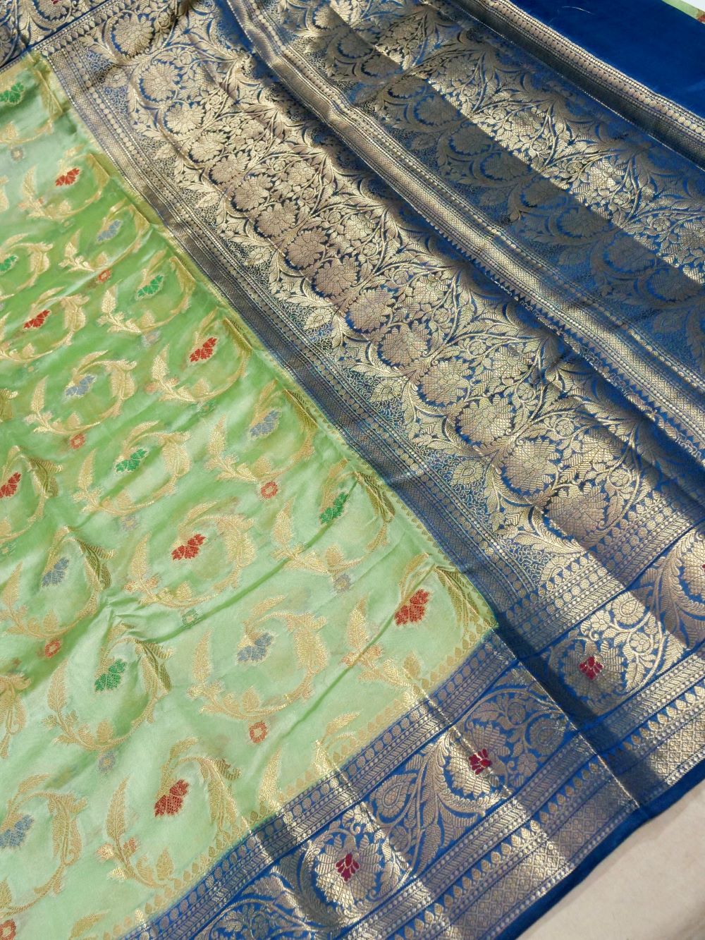 Banarasi Pure Dupion Silk Allover Zari and Resham Meena Jaal Design Contrast Blouse