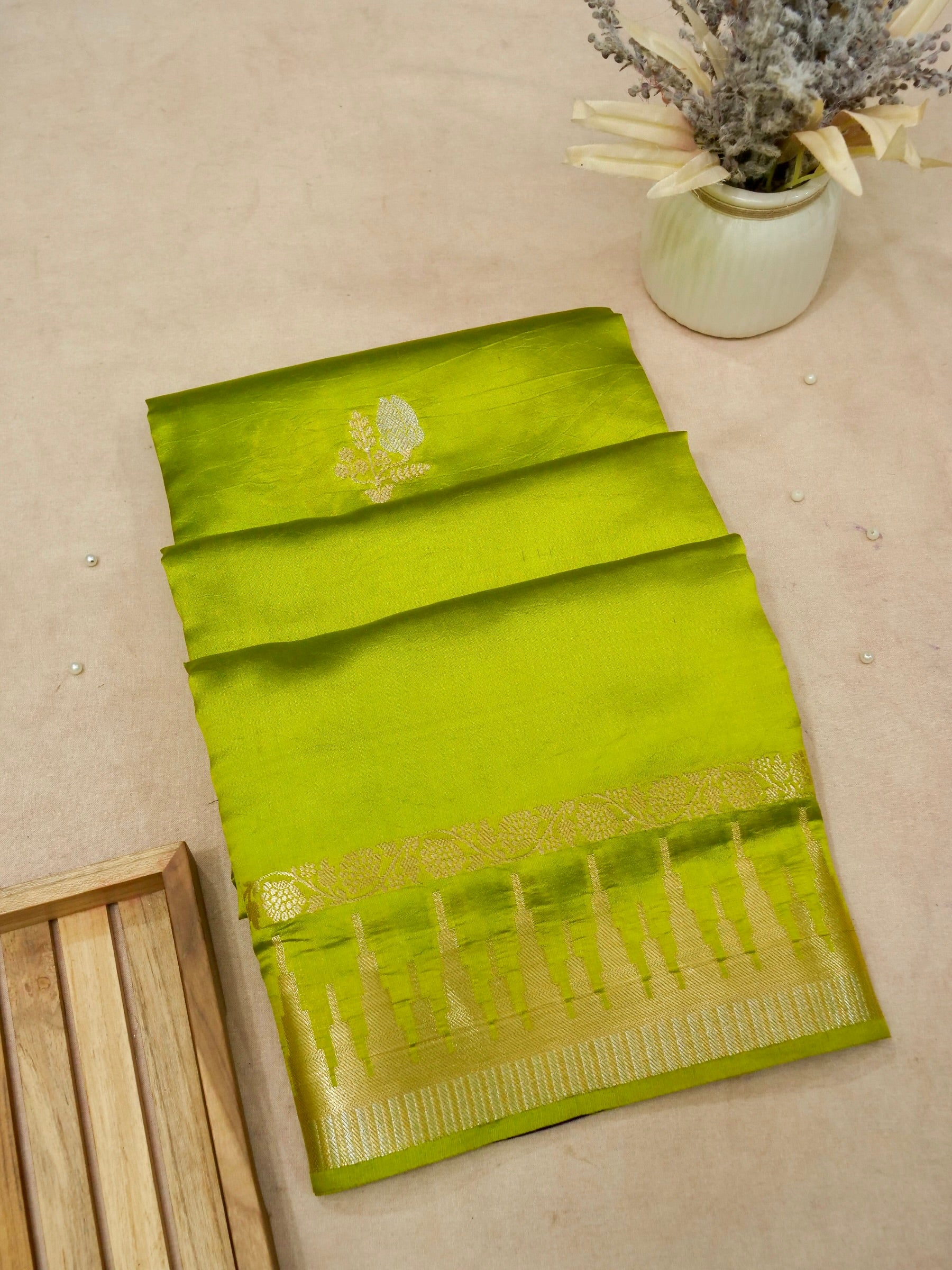 Banarasi Mango Silk Saree Allover Sona Rupa Zari Buti with Contrast Blouse