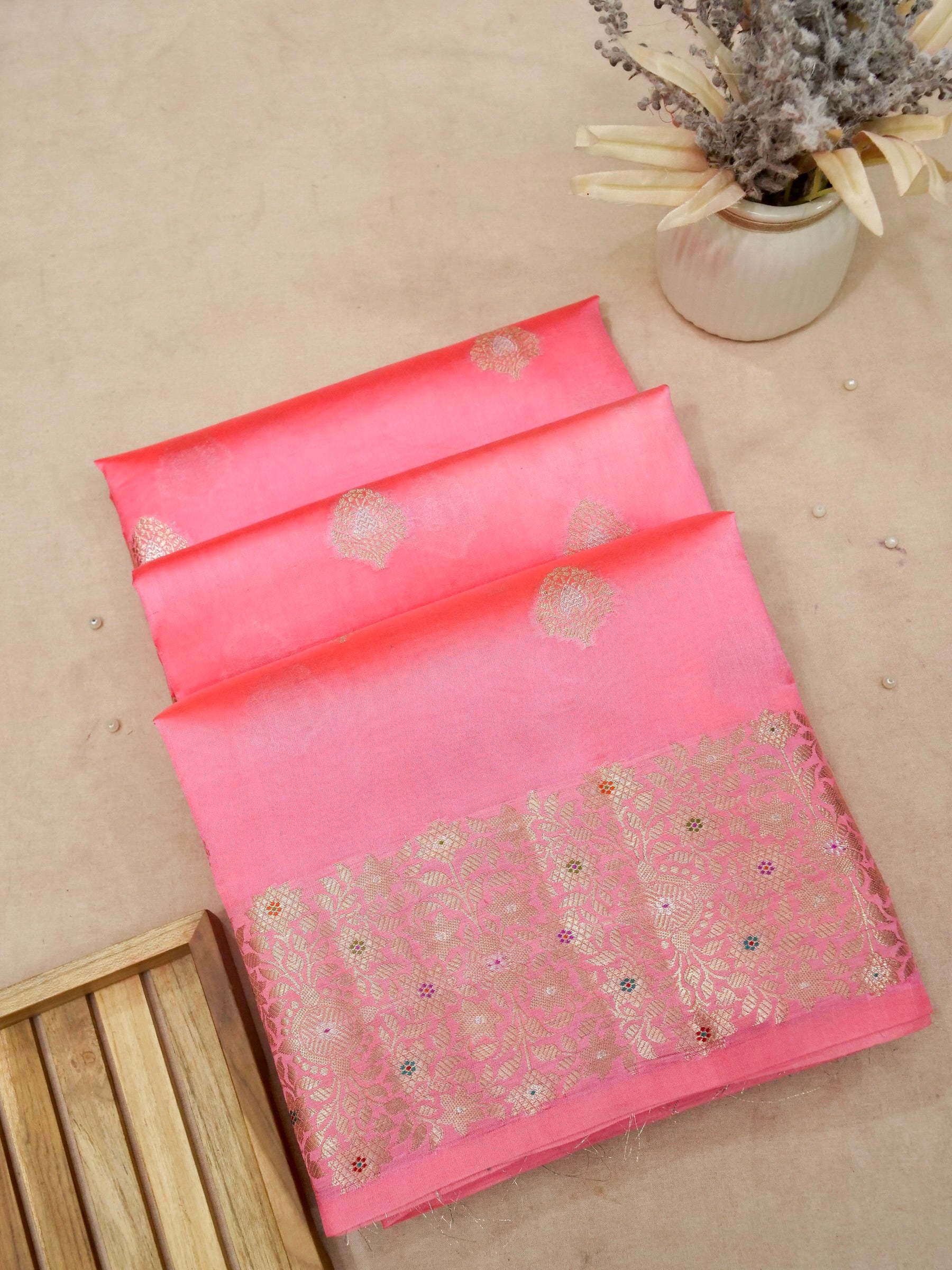 Banarasi Pure Mango Silk Self Dye with Tilfi Meena Buti Border