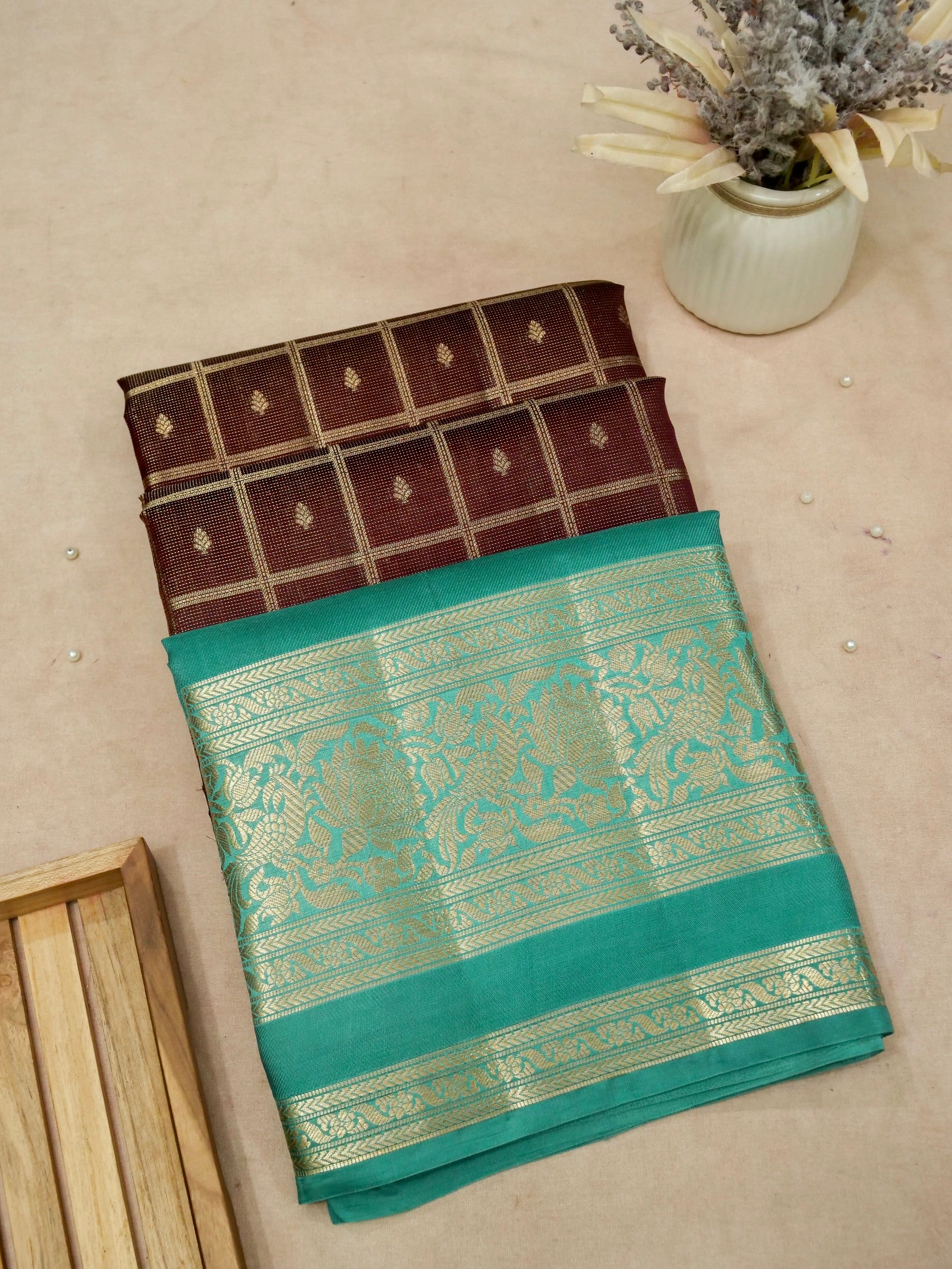 Banarasi Pure Mango Silk Contrast Dye with Zari Chek Design and Zari Dot Allover