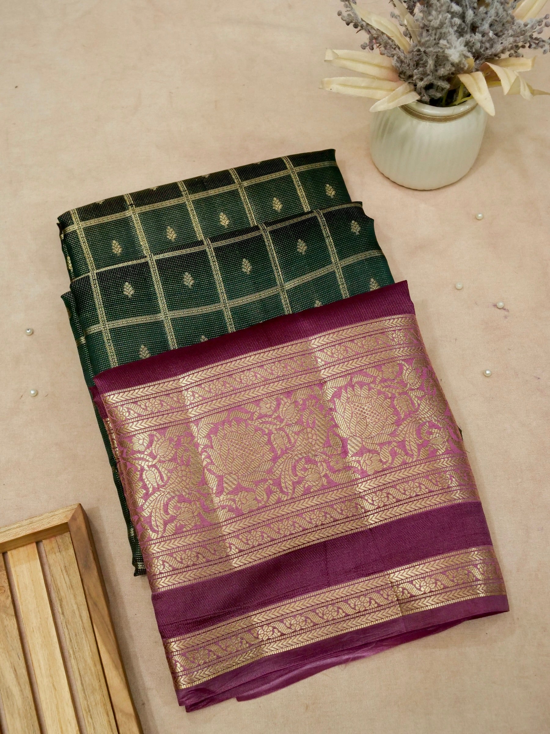 Banarasi Pure Mango Silk Contrast Dye with Zari Chek Design and Zari Dot Allover