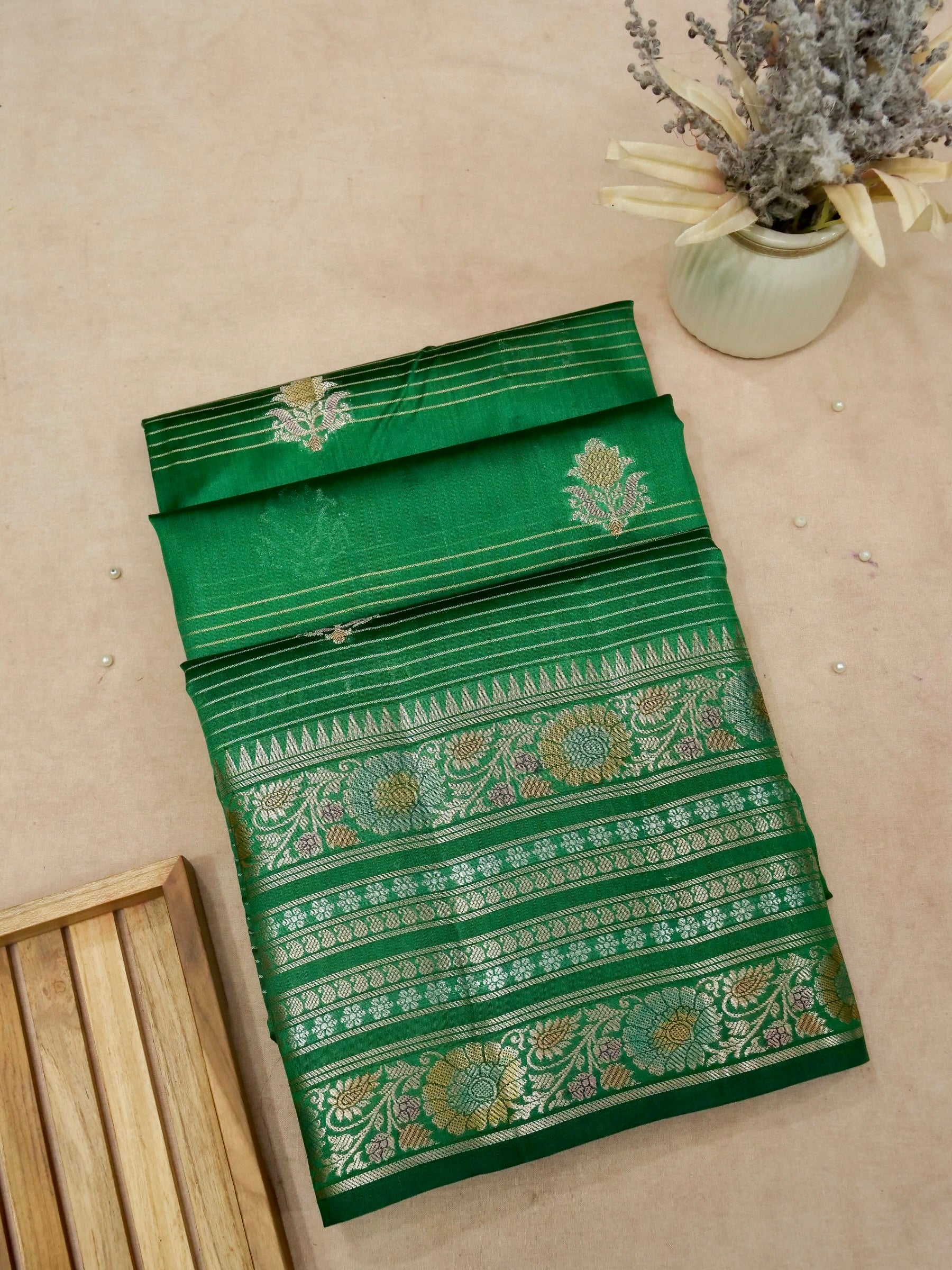 Banarasi Pure Chiniya Silk Allover Zari Linning and Hand Brushing Self Dye Attached Contrast Blouse Green Colour