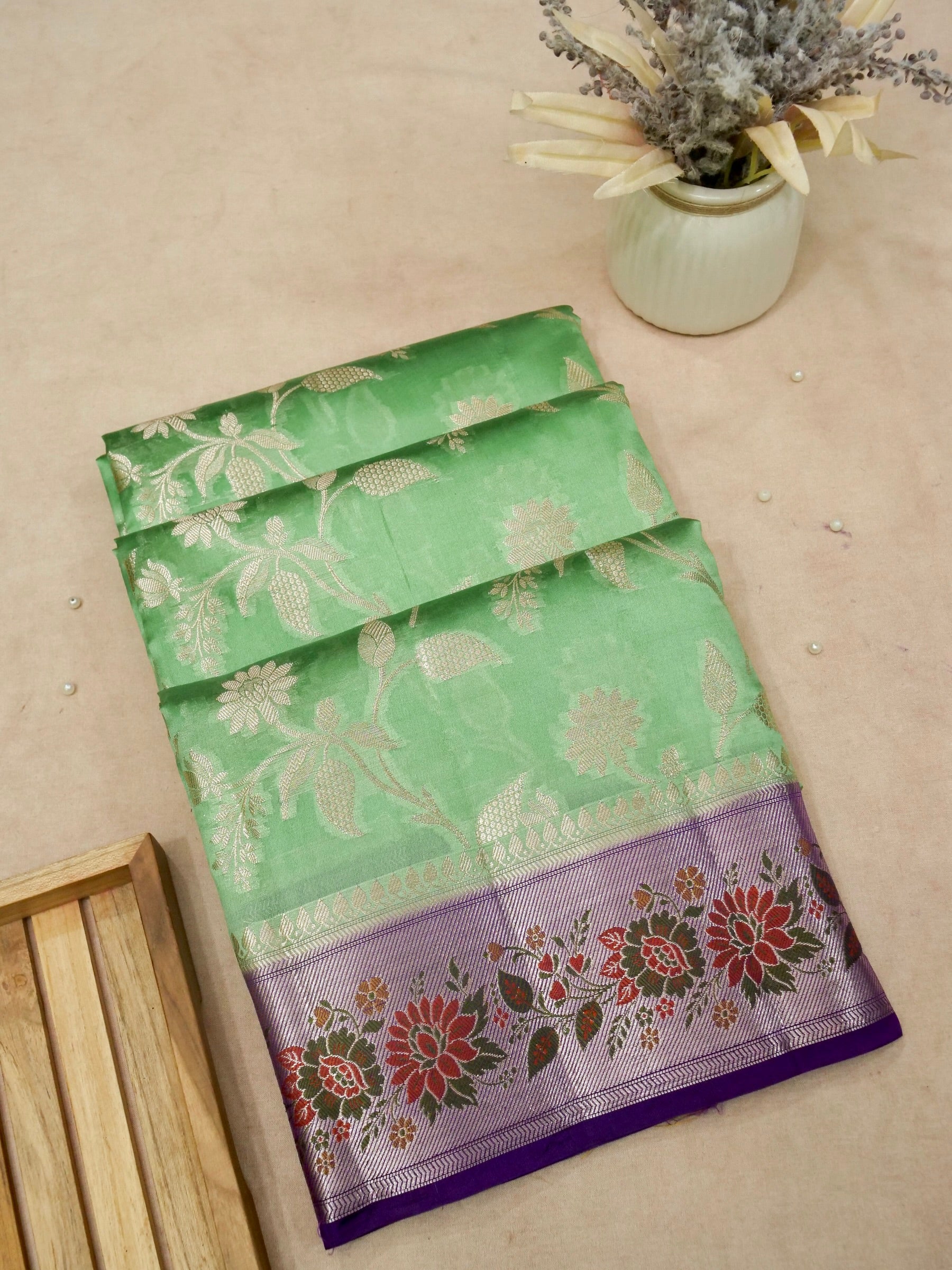 Banarasi Pure Mango Silk Allover Silver Zari Jaal with Contrast blouse