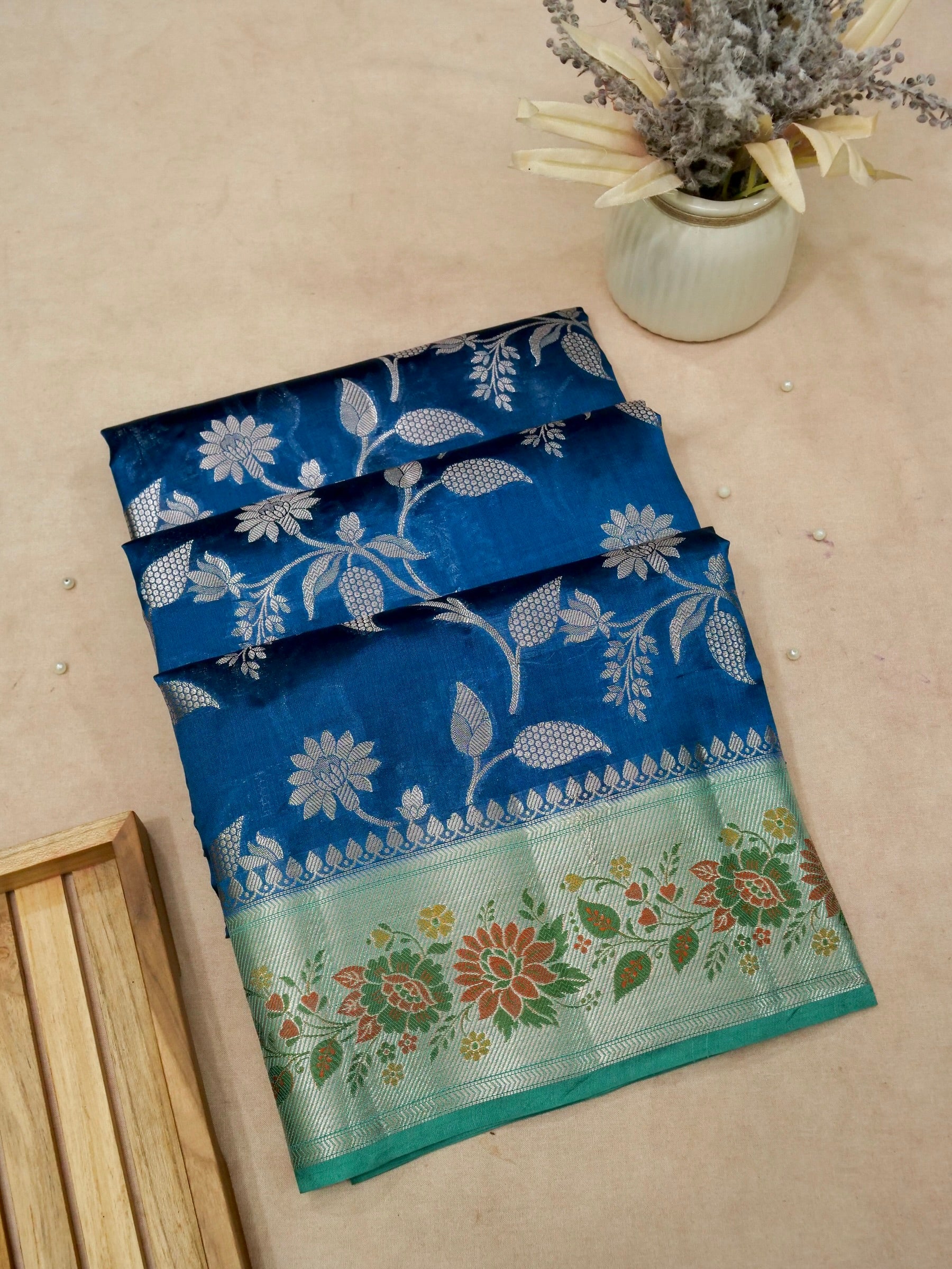 Banarasi Pure Mango Silk Allover Silver Zari Jaal with Contrast Blouse