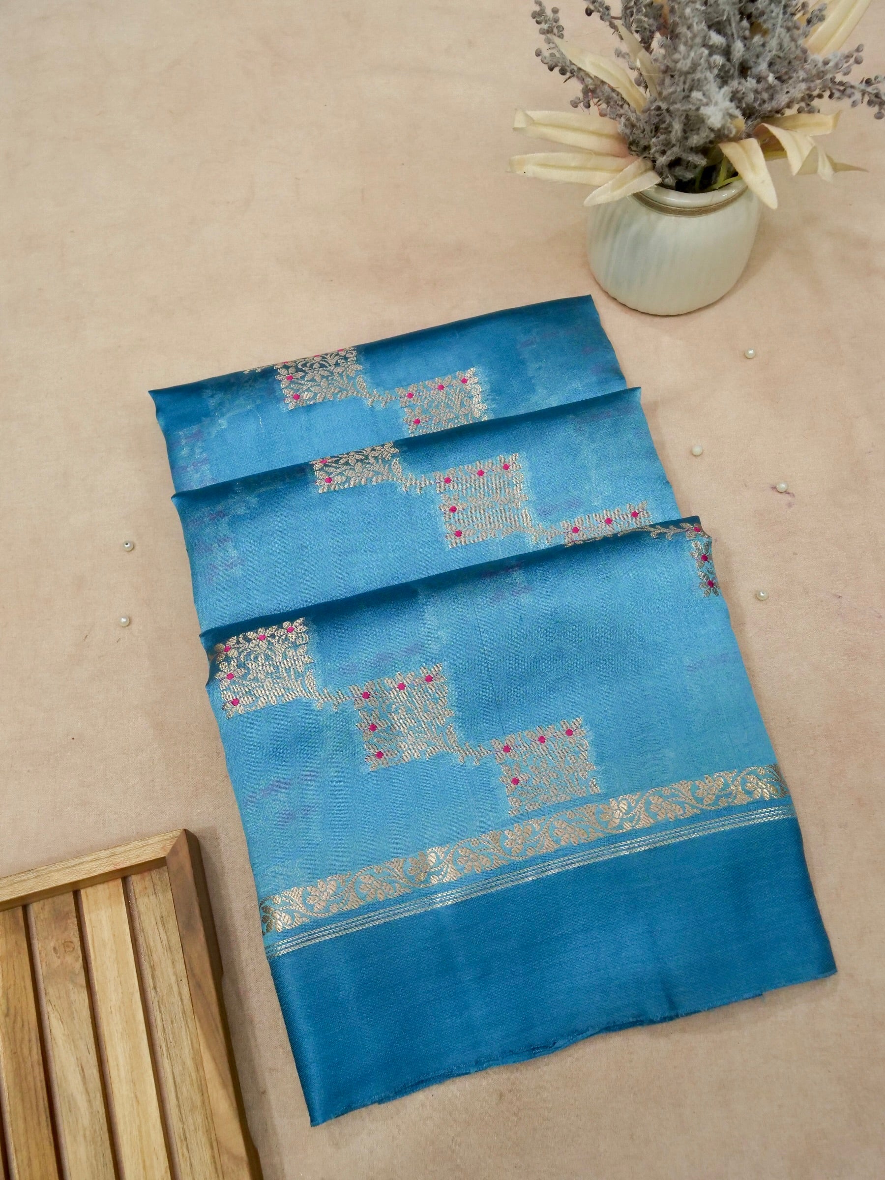 Banarasi Pure Mango Silk Self Dye Allover Resham Meena Attached Contrast Blouse